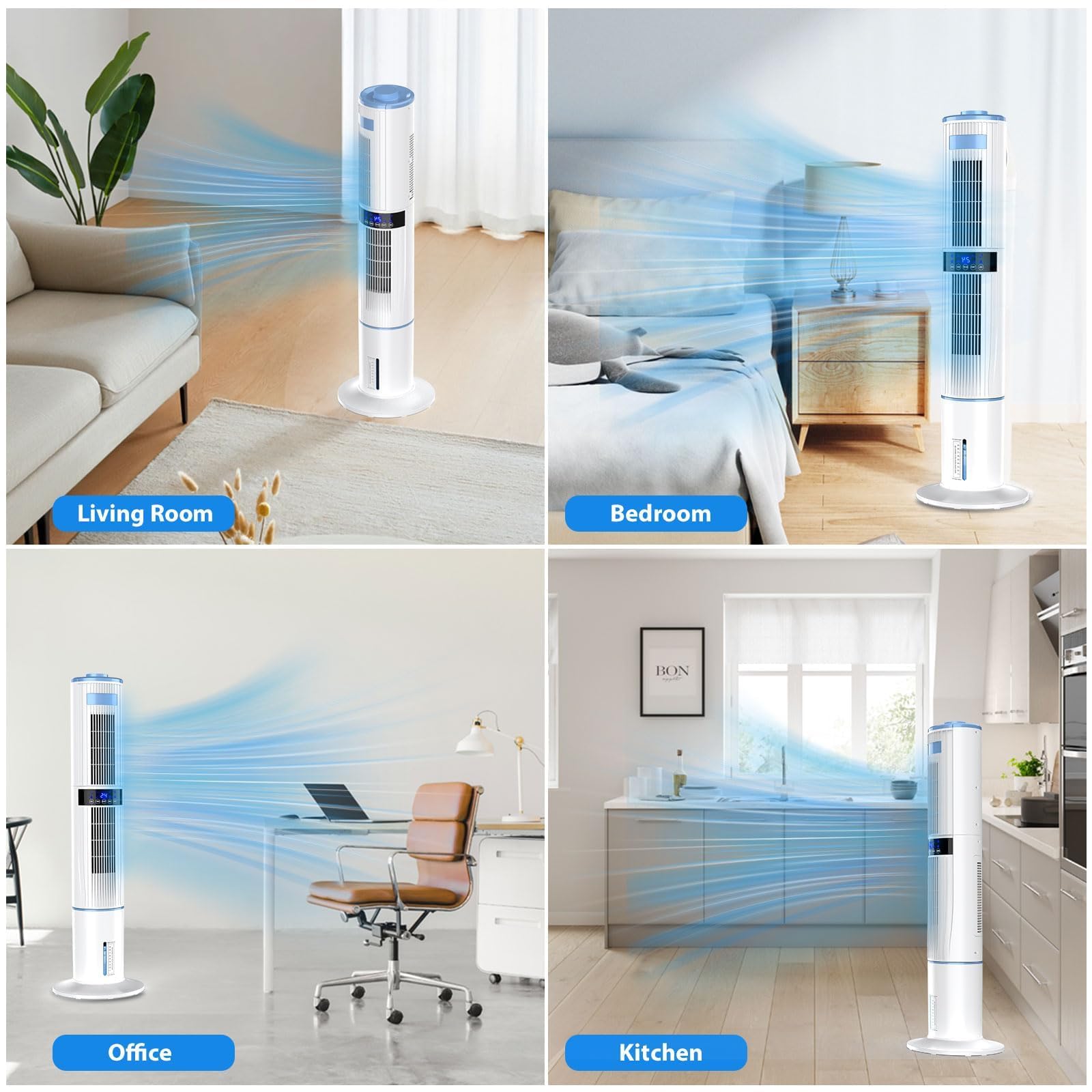 Climatiseur Mobile Silencieux Portable Rafraîchisseur d'air 360° Oscillation, Sortie d'air Double, 24H Minuteries, 65W, 4 Modes et 3 Vitesses avec Télécommande pour Chambre, Bureau, Cuisine