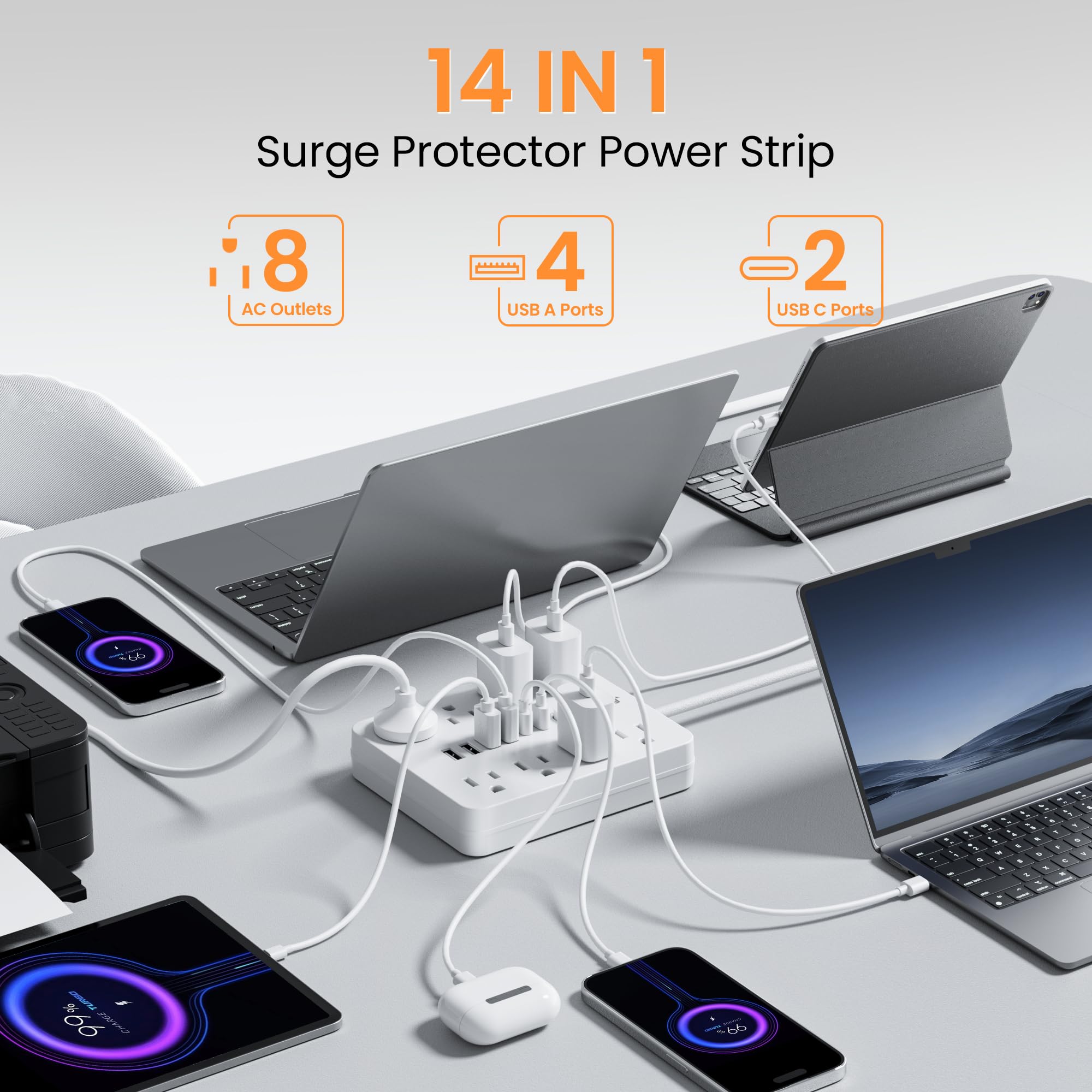 Steckdosenleiste mit Überspannungsschutz - 8 Ausgänge (1250W/10A) 4 USB A (2 USB C, 3.0 m Flachstecker Verlängerungskabel, Multi-Stecker-Extender für