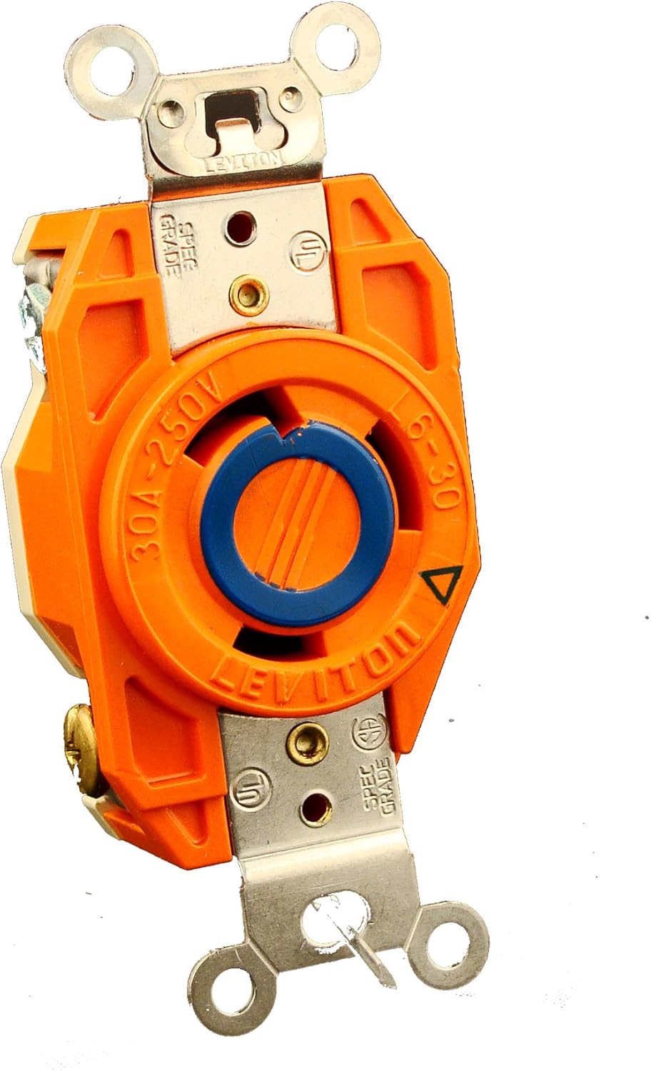 Leviton 2620-IG 30 Amp, 250 Volt, Flush Mounting Locking Receptacle, Industrial Grade, Grounding, V-0-MAX, Orange