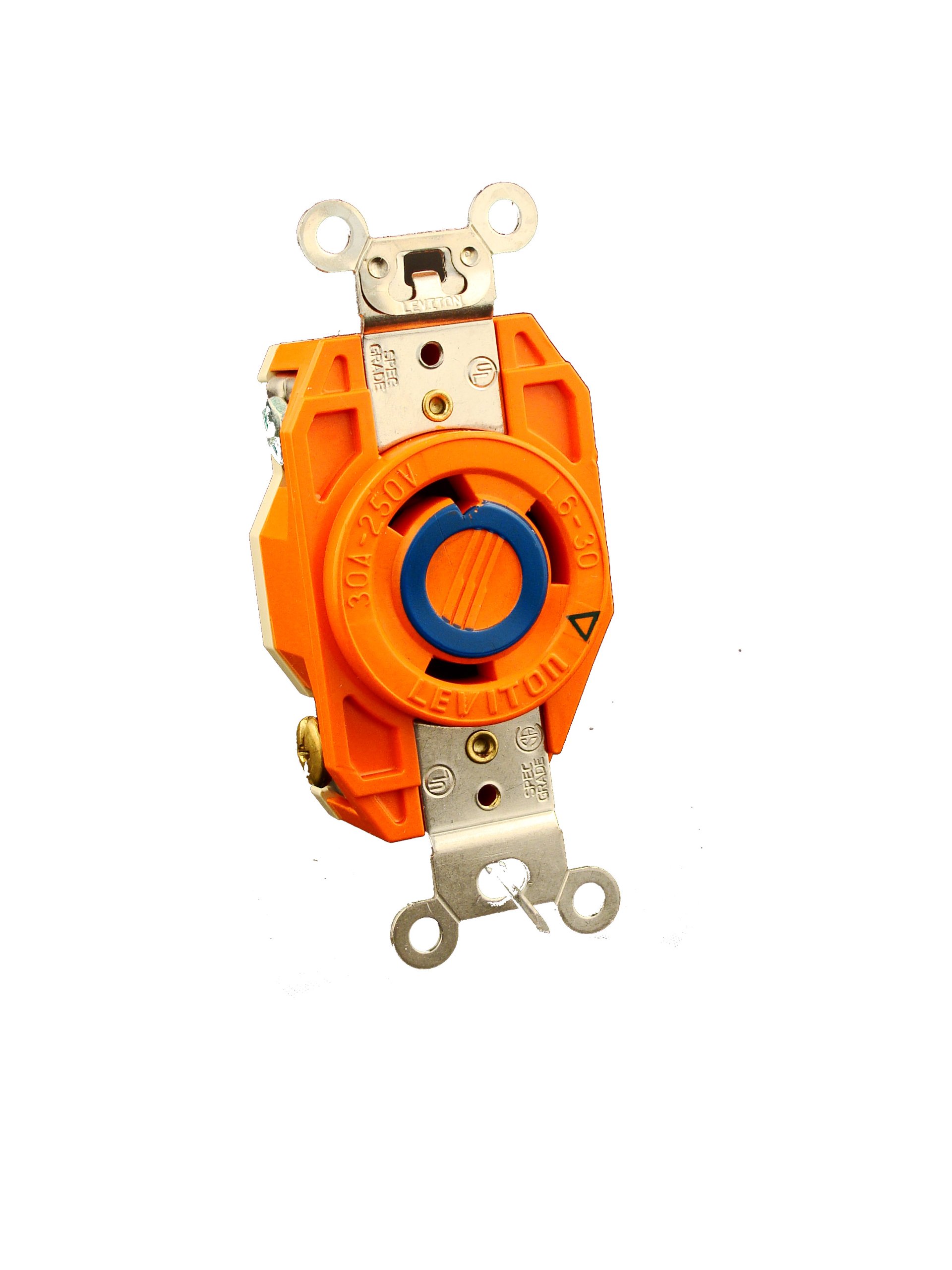 30 Amp, 250 Volt, Flush Mounting Locking Receptacle, Industrial Grade, Grounding, V-0-MAX, 2620-IG, Orange