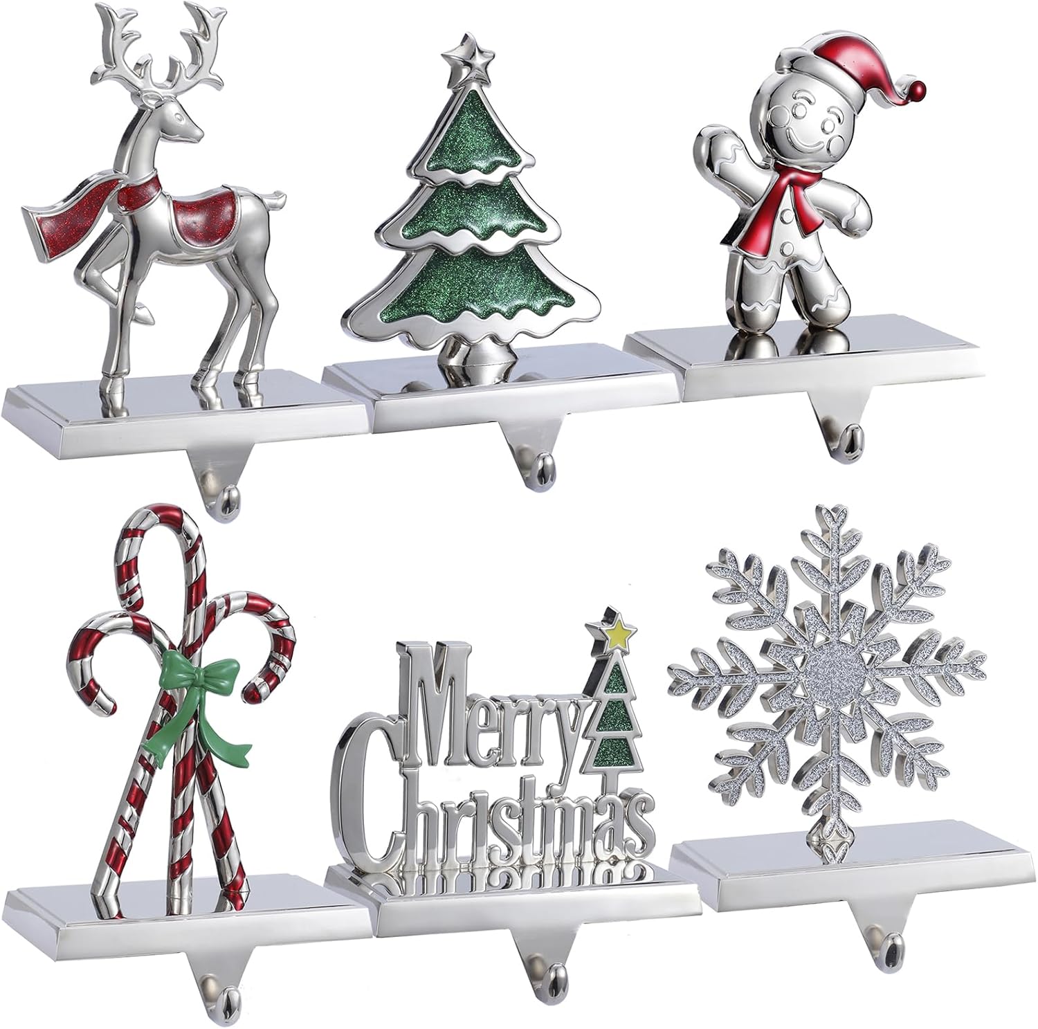 Set of 6 Christmas Stocking Holders for Mantel Christmas Stocking Hangers for Fireplace Christmas Santa,Snowman,Tree and Deer Stocking Hooks Metal Silver Stocking Holder Set (Shiny Silver)