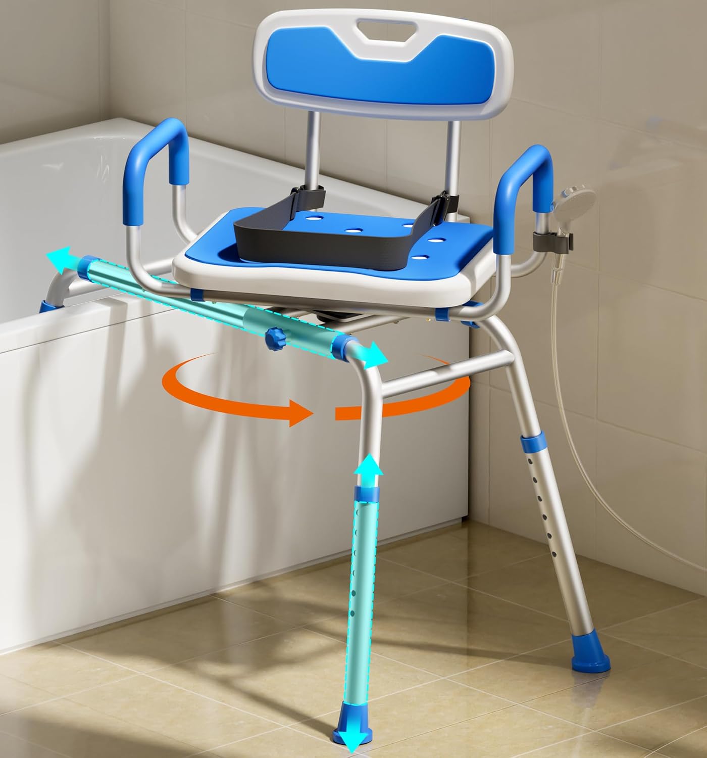 Sliding Shower Chair with Padded 360° Swivel Seat, 330lbs Tub Transfer Bench, Non-Slip Arms, Safety Belt, Adjustable Height for Elderly & Disabled Inside Shower