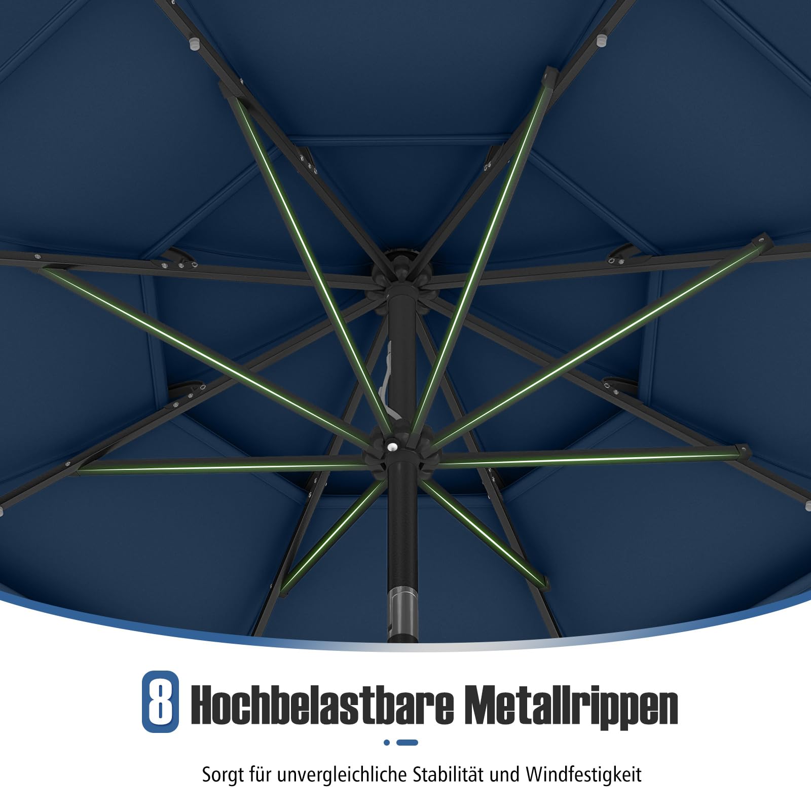 COSTWAY Parasol przeciwsłoneczny z oświetleniem solarnym LED, 300 cm, odporny na wiatr, stabilny, parasol tarasowy z korbą, obustronnie zginany o 35°, parasol balkonowy, do ogrodu, na balkon