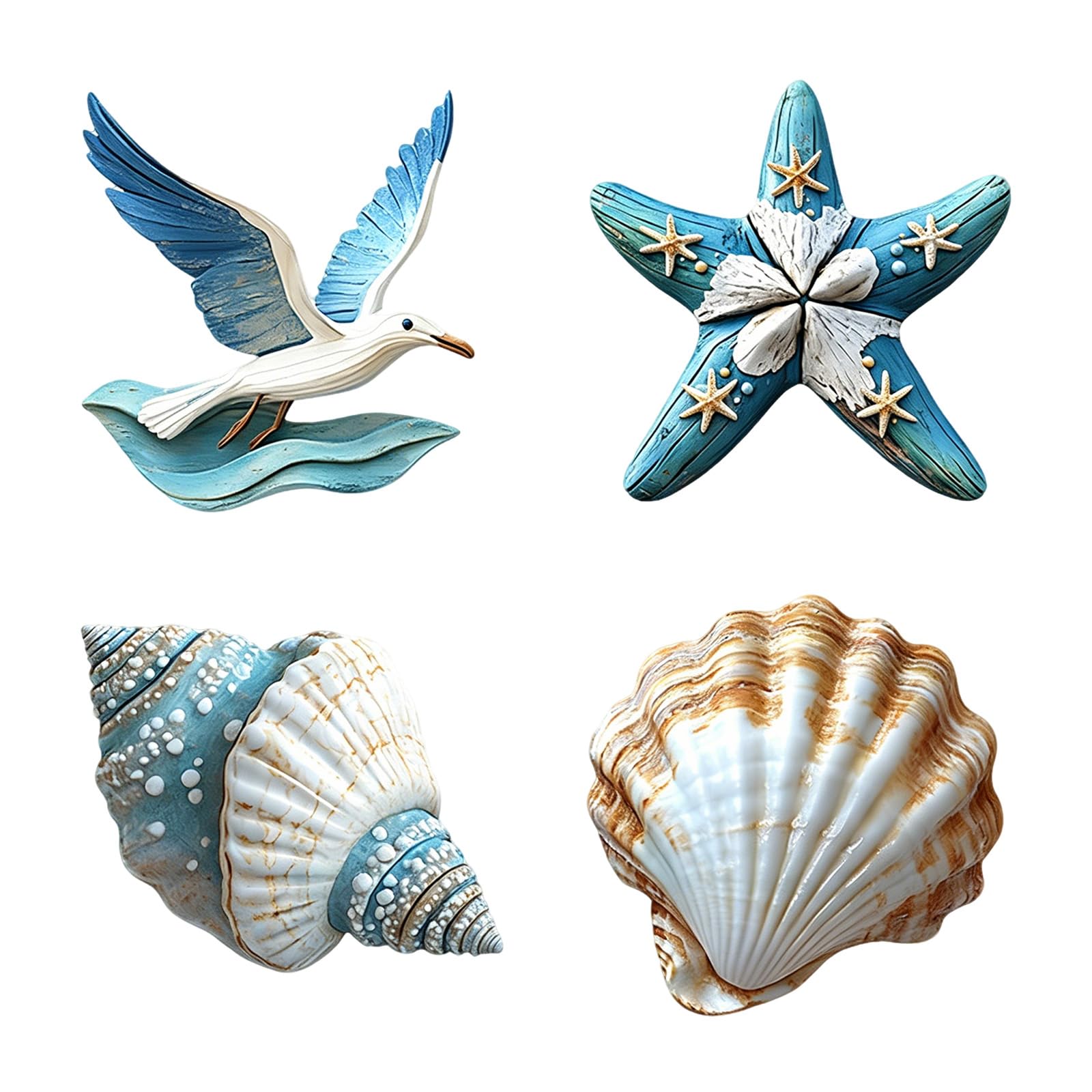 FOSDICK 4PCS Wooden Wall Art Ocean Theme, Wooden Wall Decor with Conch, Starfish, Shell and Bird Shaped, Coastal Beach Theme Wall Sculpture, Nautical Hanging Ornaments for Bedroom Bathroom Living Room