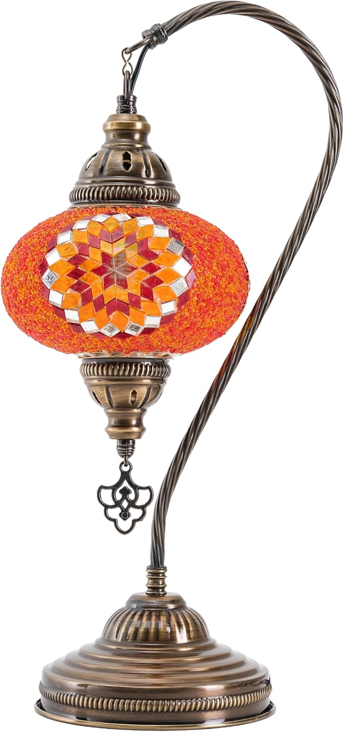 Mozaist Turkish Lamp, Swan Neck Mosaic Table Lamp, Moroccan Decorative Glass Antique Bohemian Vintage Lamp Shade, Tiffany Desk Bedside Stained Glass Lamp with US Plug and E12 Socket