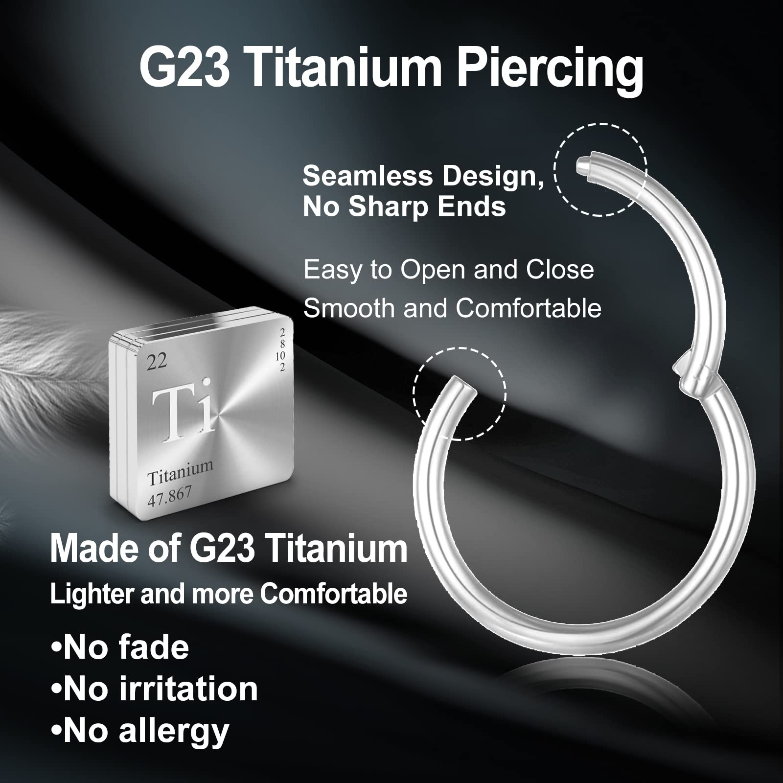 G23 Titanio Hipoalergénico Anillo de la Nariz Oro Plata Negro Septum Helix Cartílago Concha Anillos de Segmento Anillos de Labio 14G 16G Espesor 6MM/8MM/10MM/12MM Aro de Nariz 1 Pieza — view 2