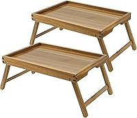 Vista 1 de VaeFae Bandeja de mesa de cama de acacia, bandeja de desayuno de madera con patas plegables, bandeja de cama para comer y computadora portátil