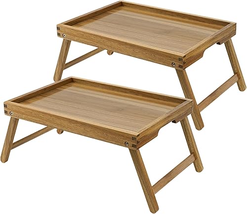 VaeFae Bandeja de mesa de cama de acacia, bandeja de desayuno de madera con patas plegables, bandeja de cama para comer y computadora portátil,