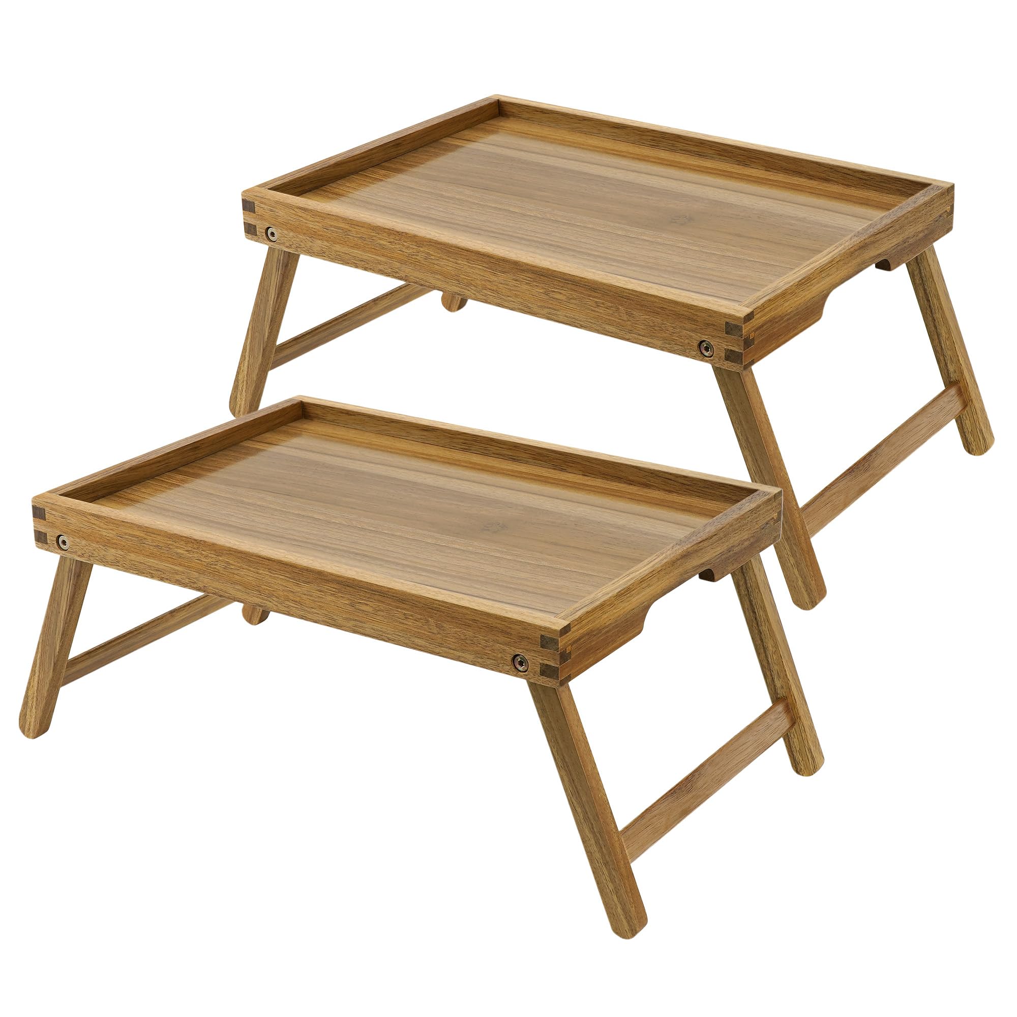 VaeFae 2 Pack Acacia Bed Tray, Wooden Breakfast Tray with Folding Legs,Multi-Purpose Lap Desk for Laptop, Bed & Sofa