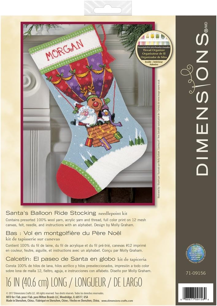 Dimensions Needlepoint Santa's Balloon Ride Personalized Christmas Stocking Kit, Printed 12 Mesh Canvas, 16'