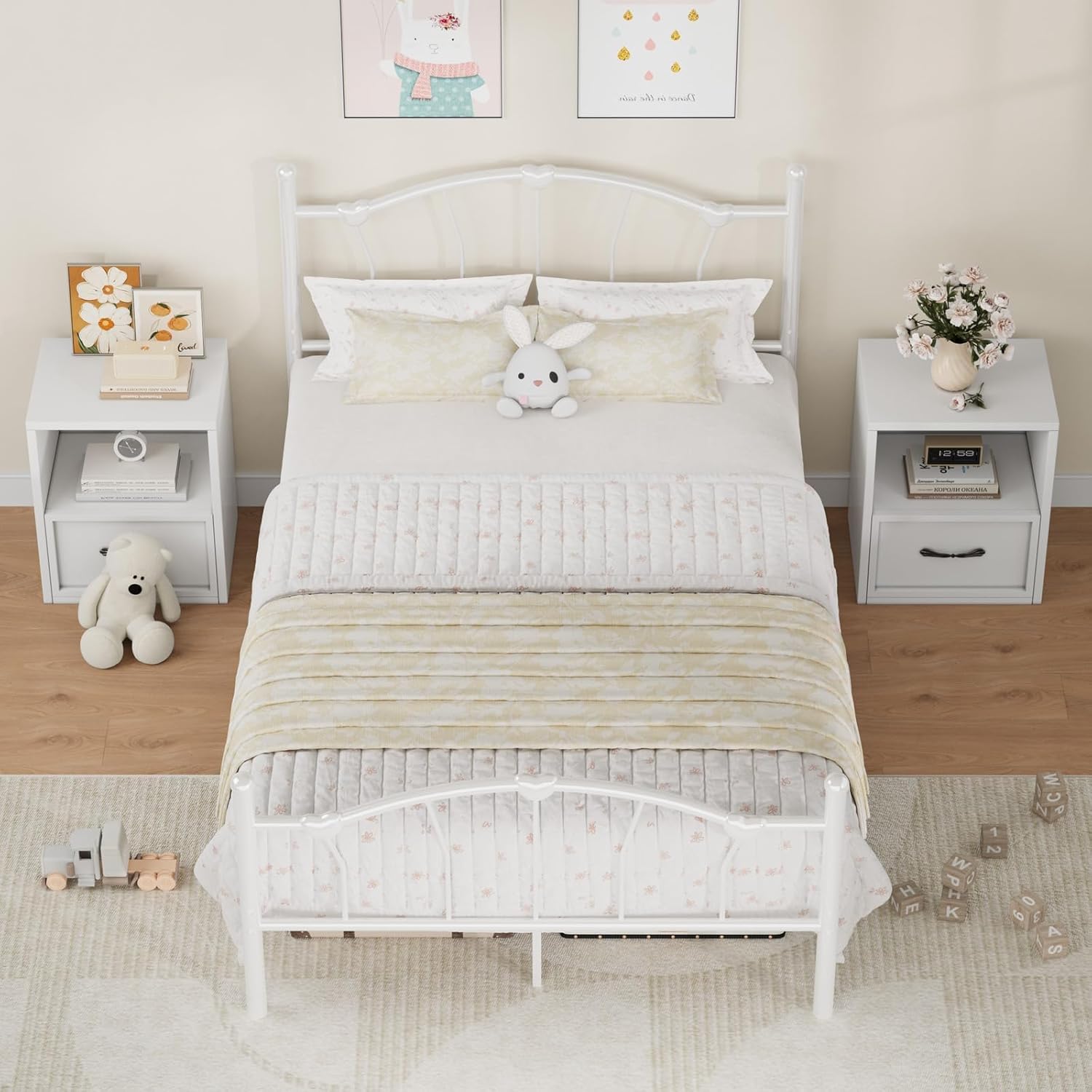 Twin Size Bed Frame, Twin Bed Frames with Headboard, Girls Bed Frame, Heart-Shaped Decorative Headboard and Footboard, Heavy Duty Metal Slat Support, No Box Spring Needed, White - Image 7