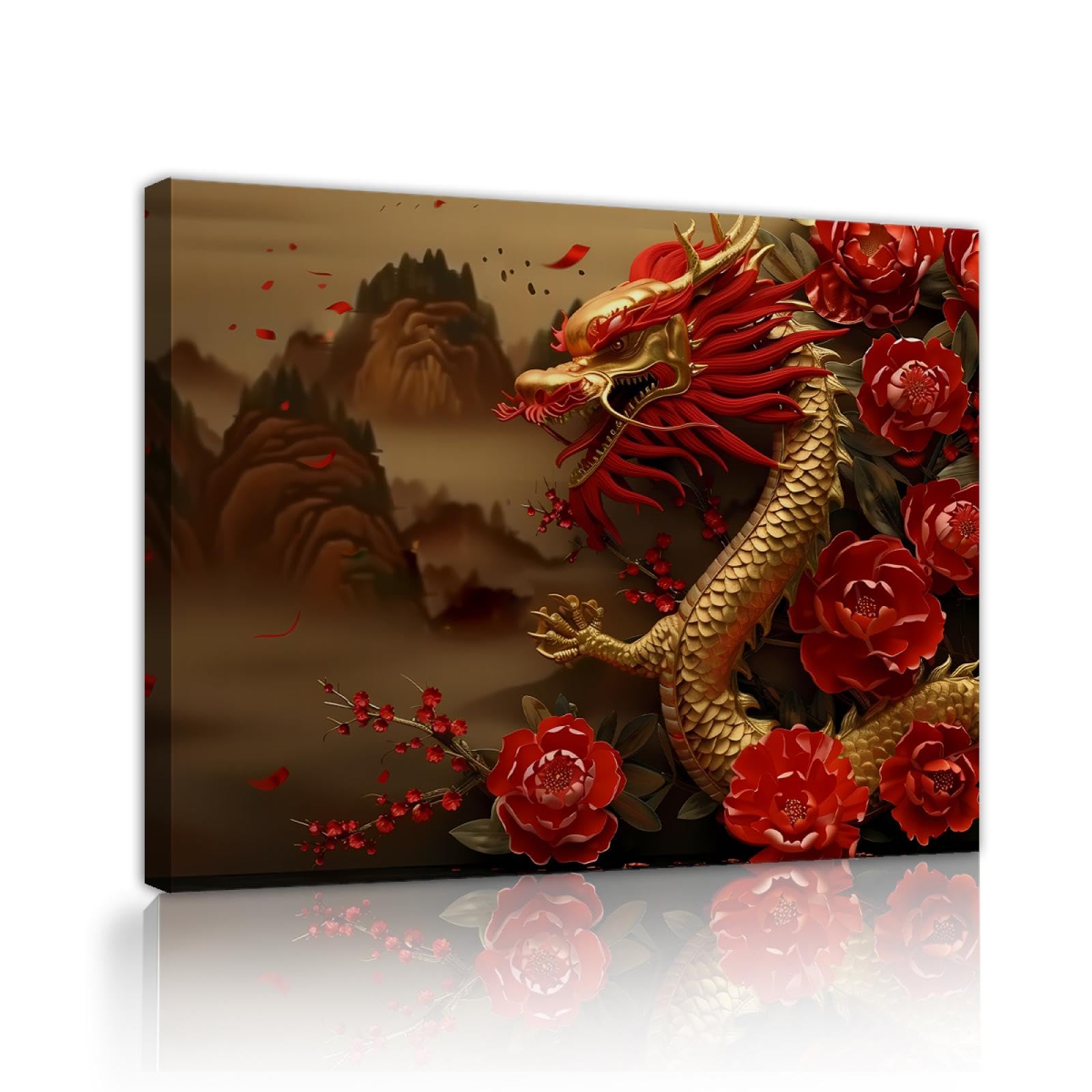 UIRINGART Pivoine rouge peinture sur toile impression dragon chinois motif affiches Art mural décor pour chambre salon salle à manger couloir bureau 60x80cm Cadre intérieur