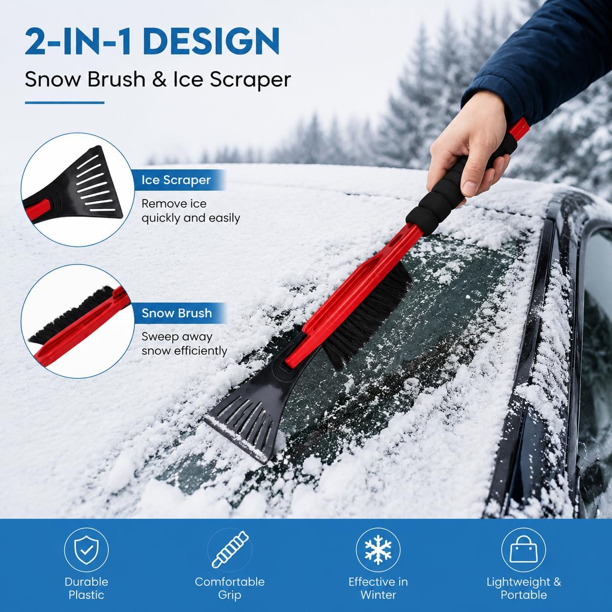 Ice Scraper and Snow Brush Combo, Long Handle with Squeegee and Brush, for Car Windshield and Windows, Winter Cleaning Tool (Red)