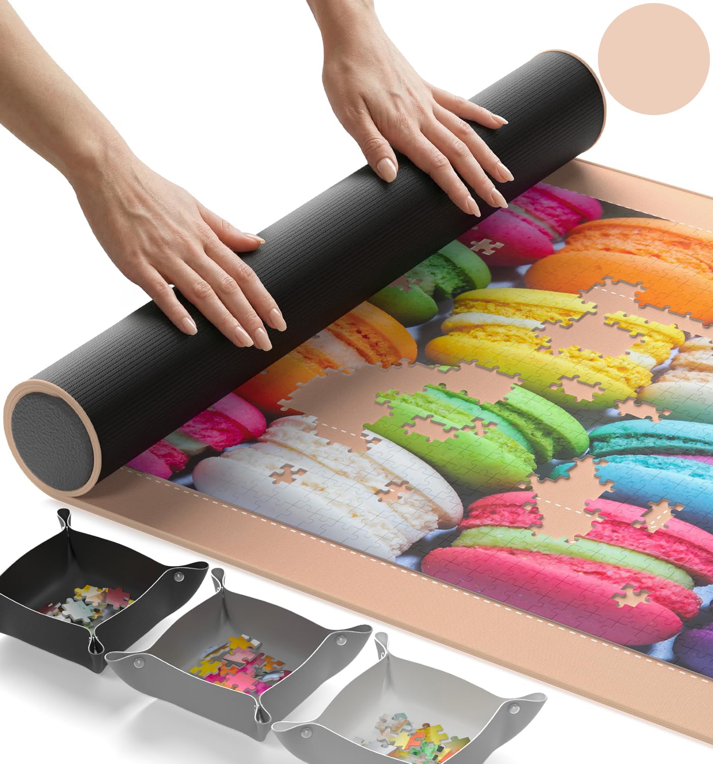 Newverest Tapis puzzle enroulable 100 x 60 cm – Peut contenir jusqu'à 1000 pièces, dessous antidérapant et surface lisse + 3 bols de tri et sac de transport pour les voyages