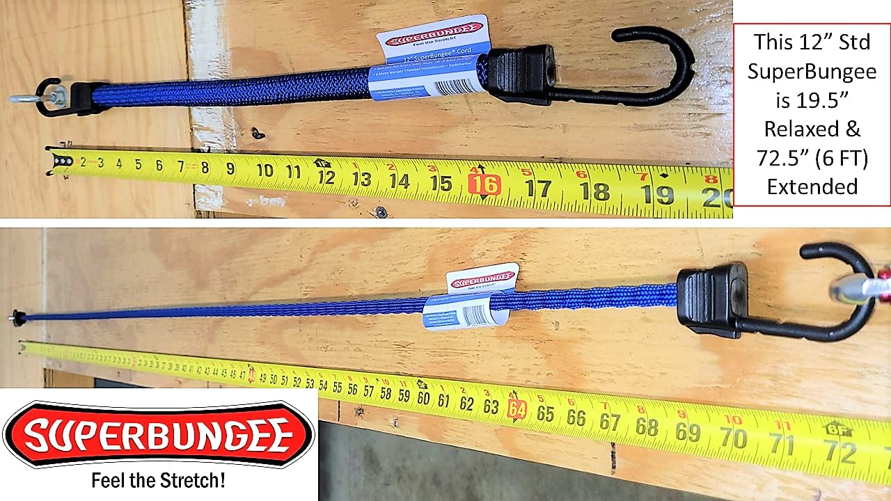 Bungee Cord - SuperBungee Cord 12-inch (18" incl Hooks) Stretches to 6ft with Steel-Core Non-Scratch Hooks