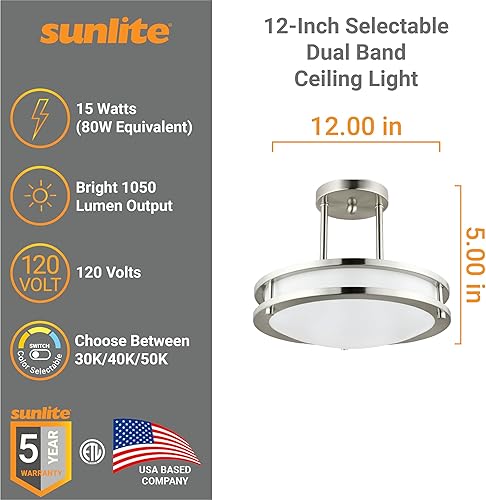 Miniatura 6 de Sunlite 87784 Lámpara LED de techo de doble banda de 12 pulgadas, montaje semiempotrado decorativo, 15 vatios, 1050 lúmenes, 3 CCT ajustable