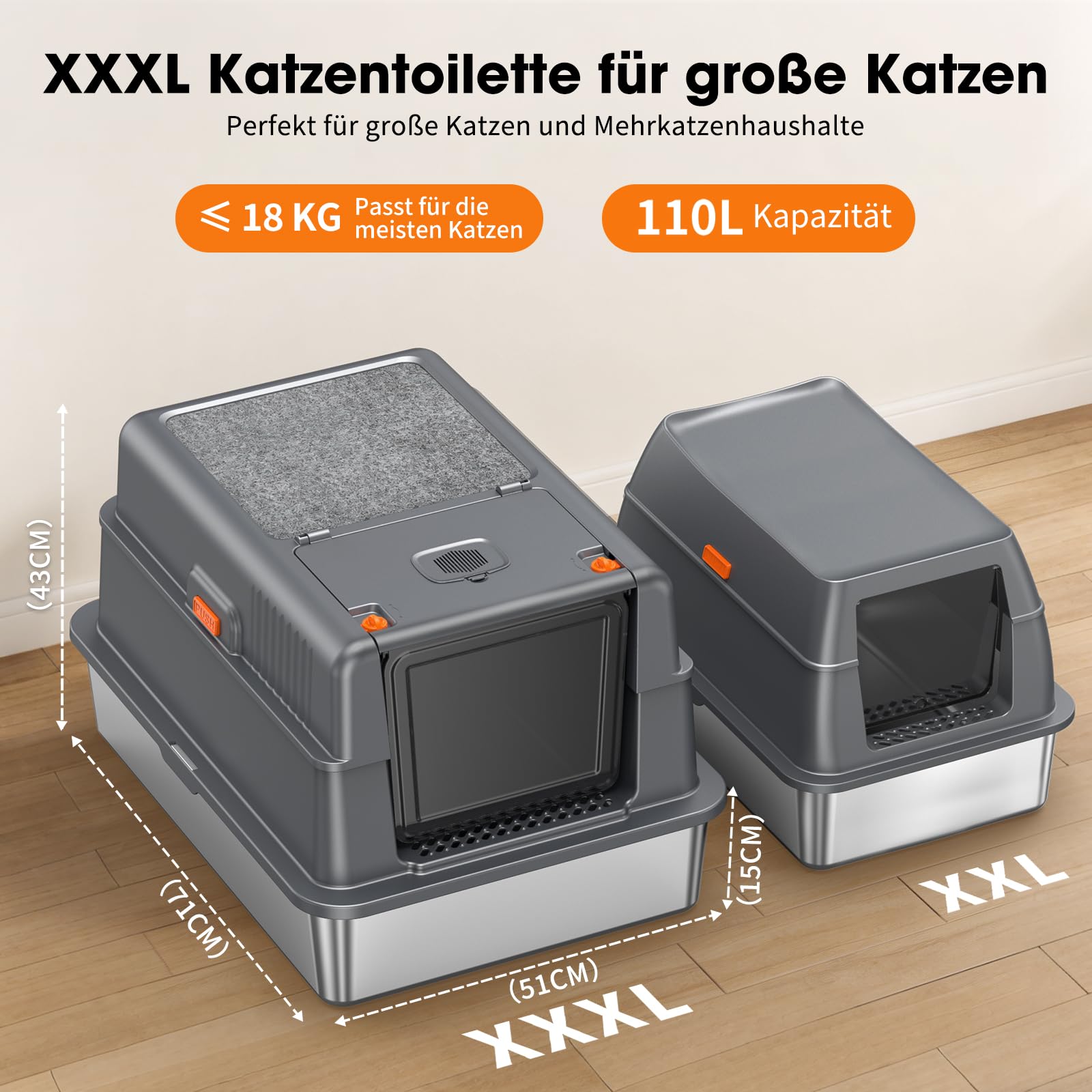 Edelstahl Katzentoilette Geschlossen XXXL Kratzmatte Oben, Dunkelgrau | Großer Klappdeckel, Aktivkohlefilter, Geruchskontrollierend, Leicht Zu Reinigen, Kratzfest, Stabil Für Große Katzen