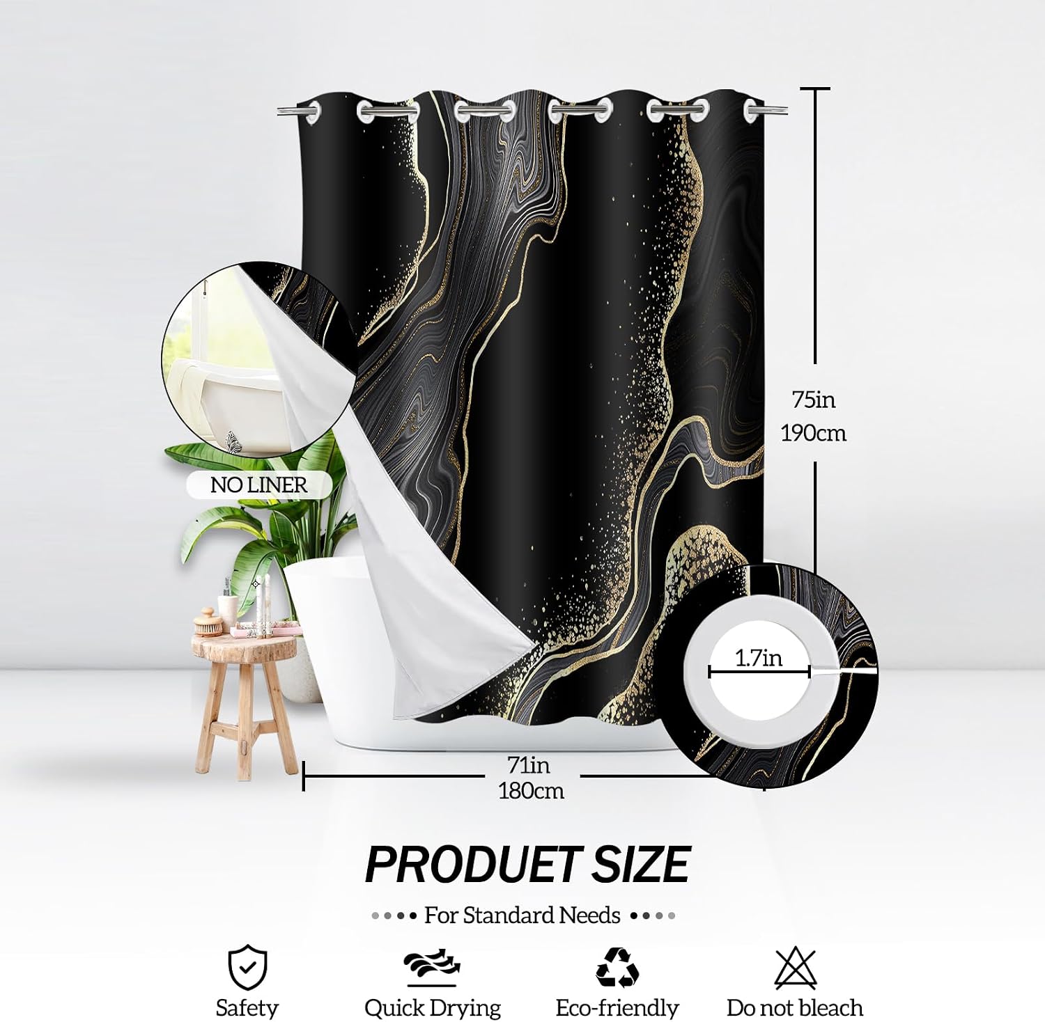 Lnond Black Gold Marble Shower Curtain,Luxury Marble Waterproof No Hook Shower Curtain for Bathroom Spa Bathtub, 71W x74L(No Liner)