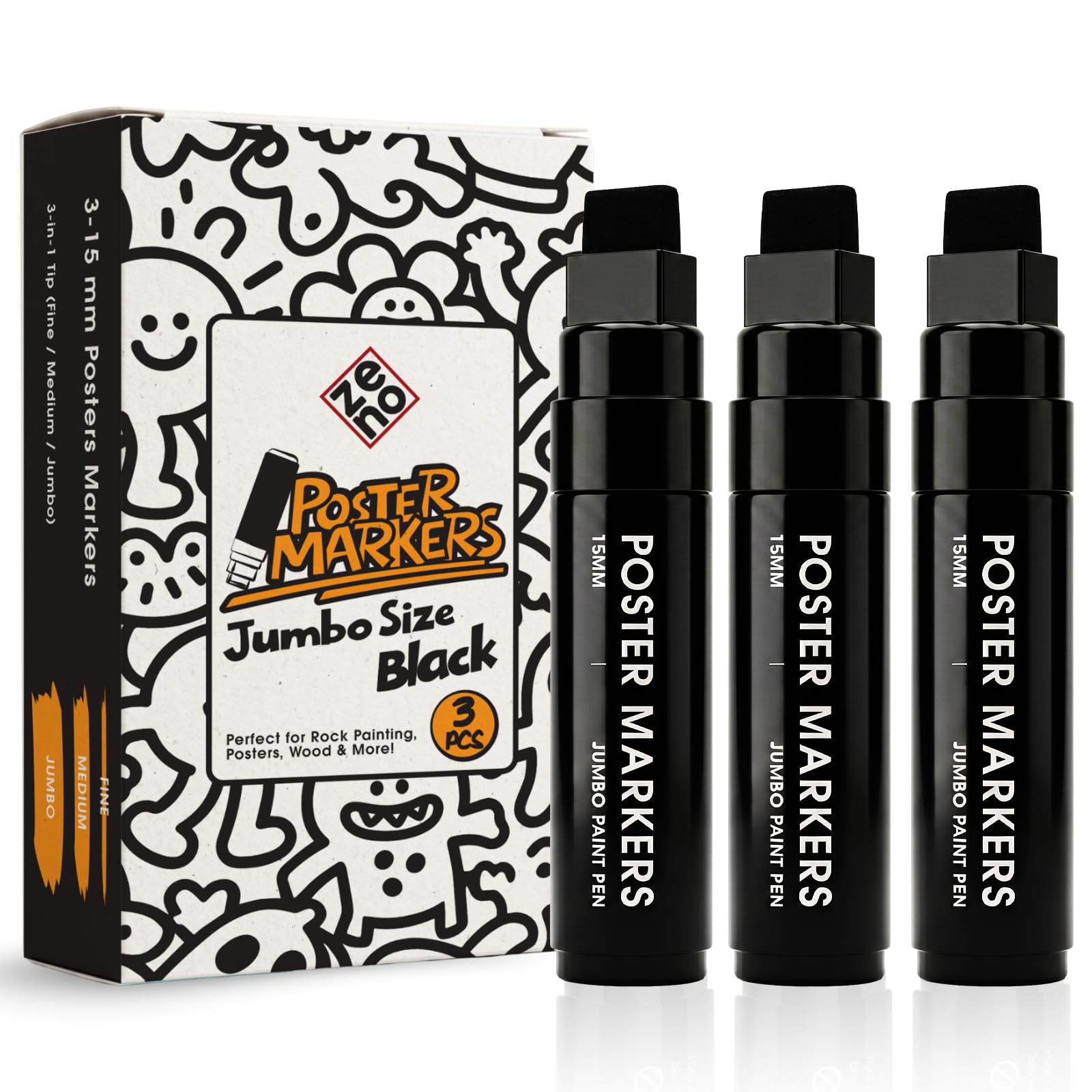 ZENO Jumbo Acrylic Paint Pens – 3 x Black Colour, 3-in-1 15mm Chisel Tip, Waterproof Poster Pens for Rocks, Wood, Glass, Fabric, Crafts, Thick Colouring Pens for Artists & Children
