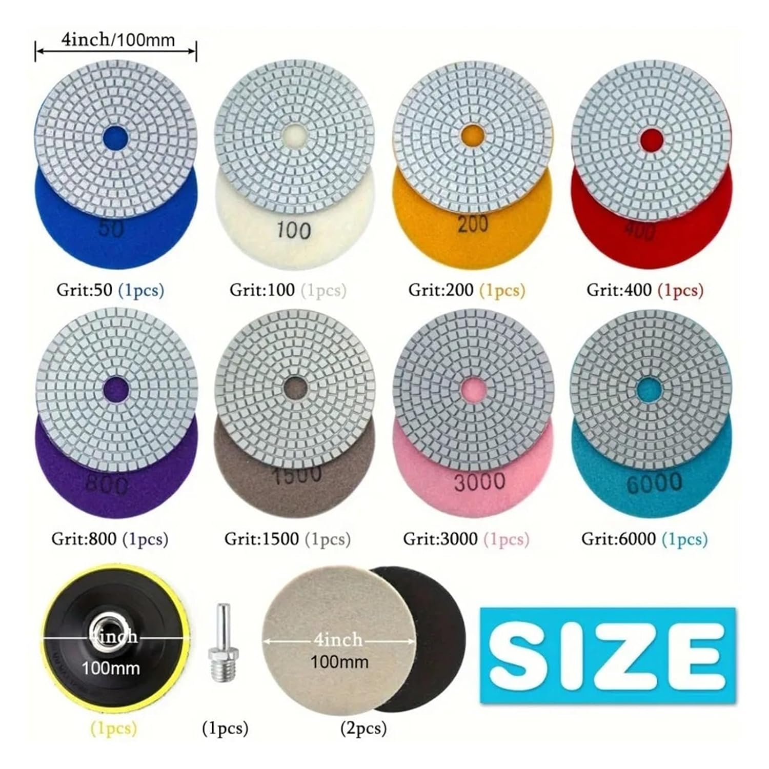 12pcs 4 Inch (100mm) Polishing Pads Kit - Wet/Dry with 5/8"-11 Backer Pad