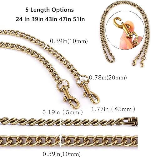Miniatura 10 de Correa de cadena plana de hierro de 24 pulgadas y 23.6 in para monedero, bolso de hombro, accesorios de correas (cobre dorado + perla-24 pulgadas),