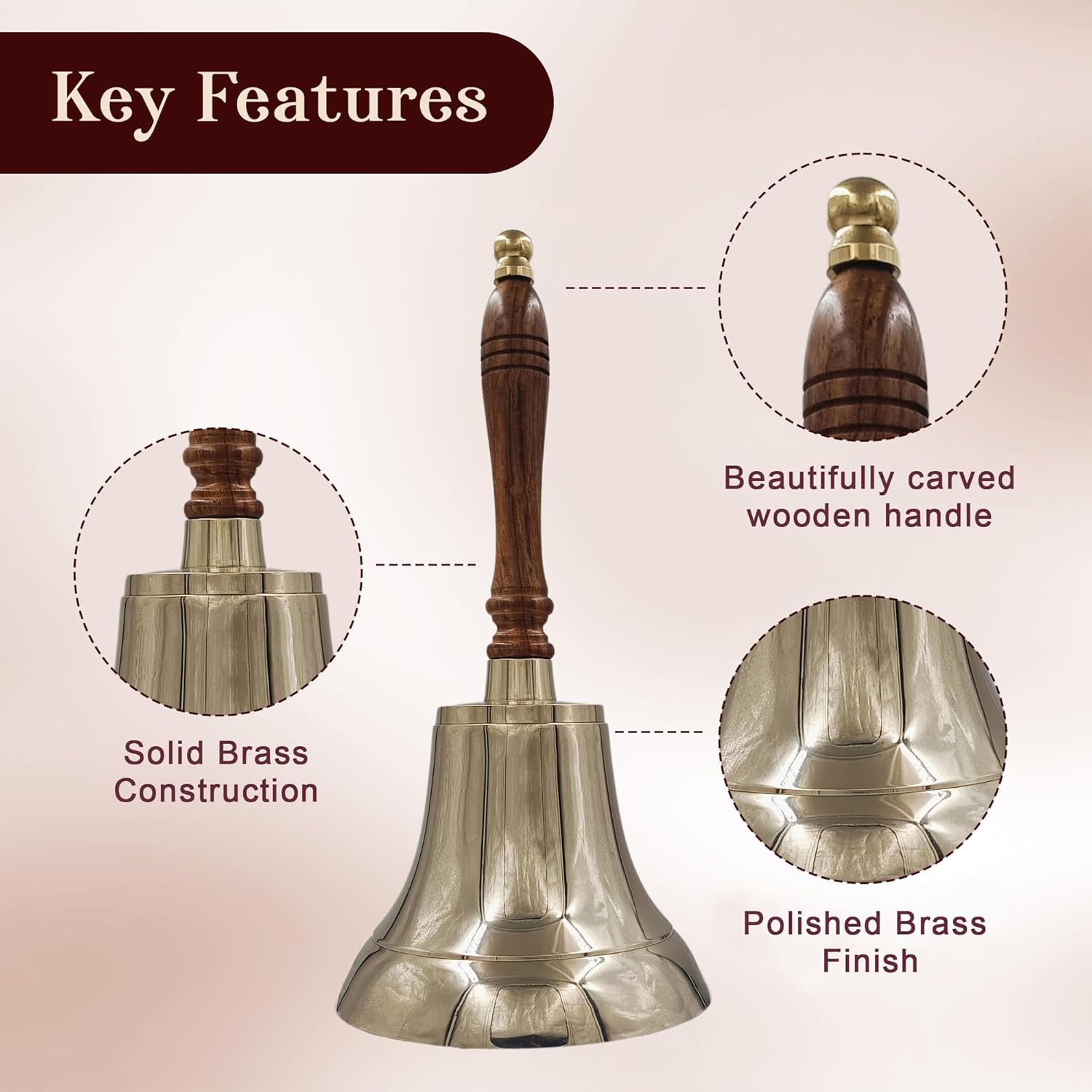 Large & Heavy Solid Brass Loud Hand Call Bell for Weddings, Christmas, School 11"(H) 5"(D) Polished Brass by THDC