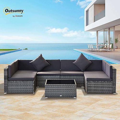 Miniatura 2 de Outsunny Juego de sofá de mimbre para exteriores de 7 piezas, moderno juego de muebles de ratán con cojines, almohadas y mesa de té