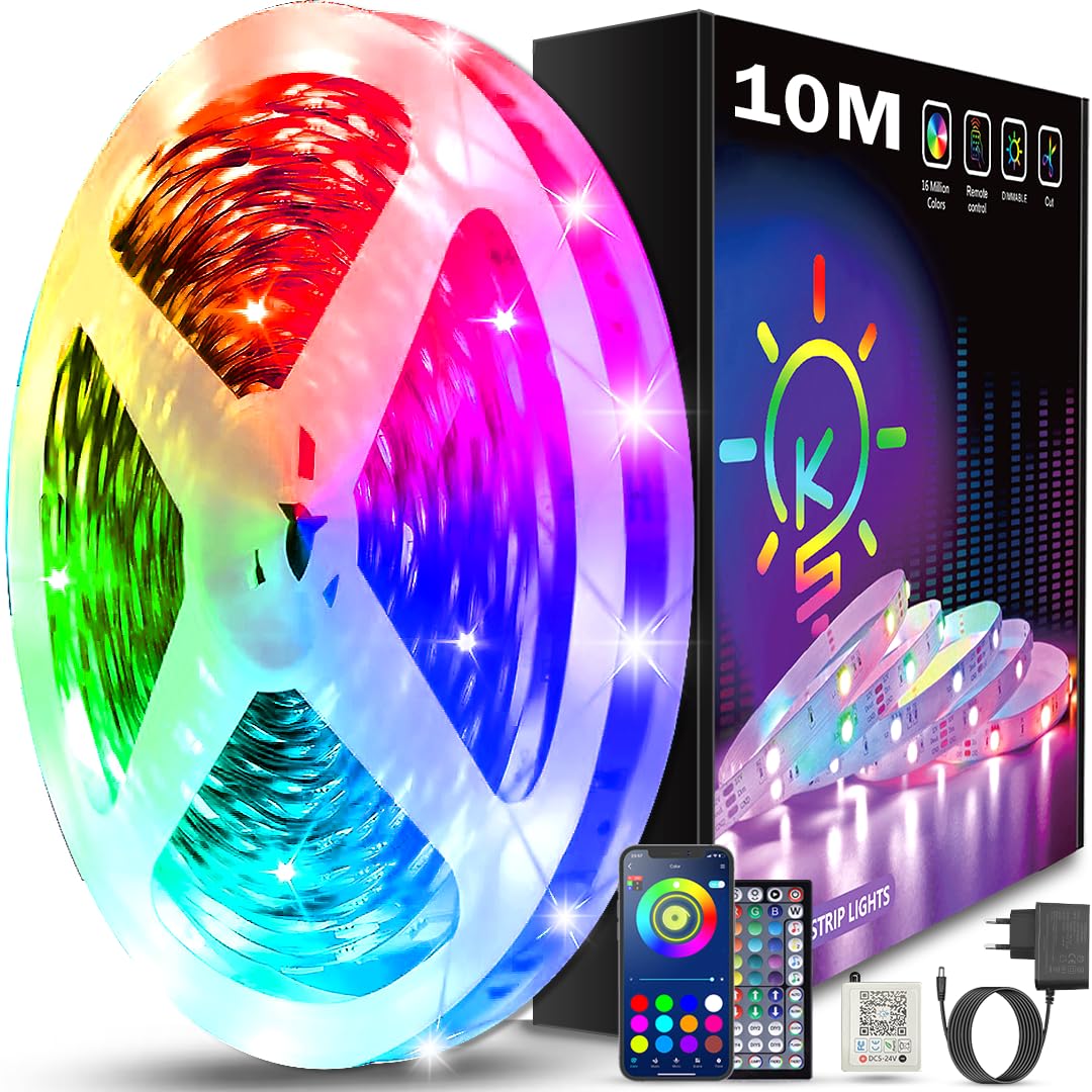 Keepsmile LED Strip 10M RGB, Bluetooth LED Streifen mit APP & Fernbedienung, Musik Sync, Dimmbar Farbwechsel Lichtband, Selbstklebend LED Beleuchtung für Zimmer, Schlafzimmer, Gaming, Party & Deko