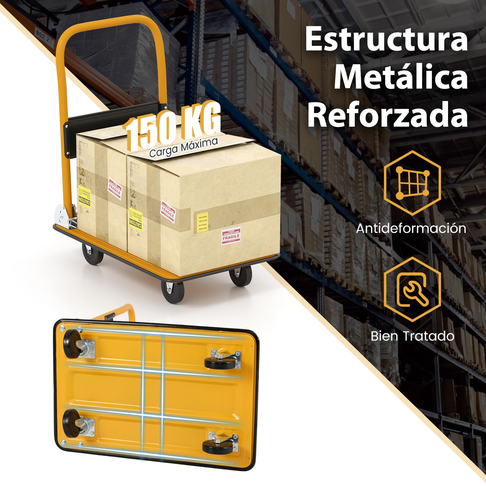 COSTWAY Carretilla Plegable hasta 150kg, Carretilla de Carga con 4 Ruedas Resistentes al Desgaste, Carro Plegable con Superficie, Carro Transporte Plegable para Todas las Superficies (Negro,48 x 73cm)