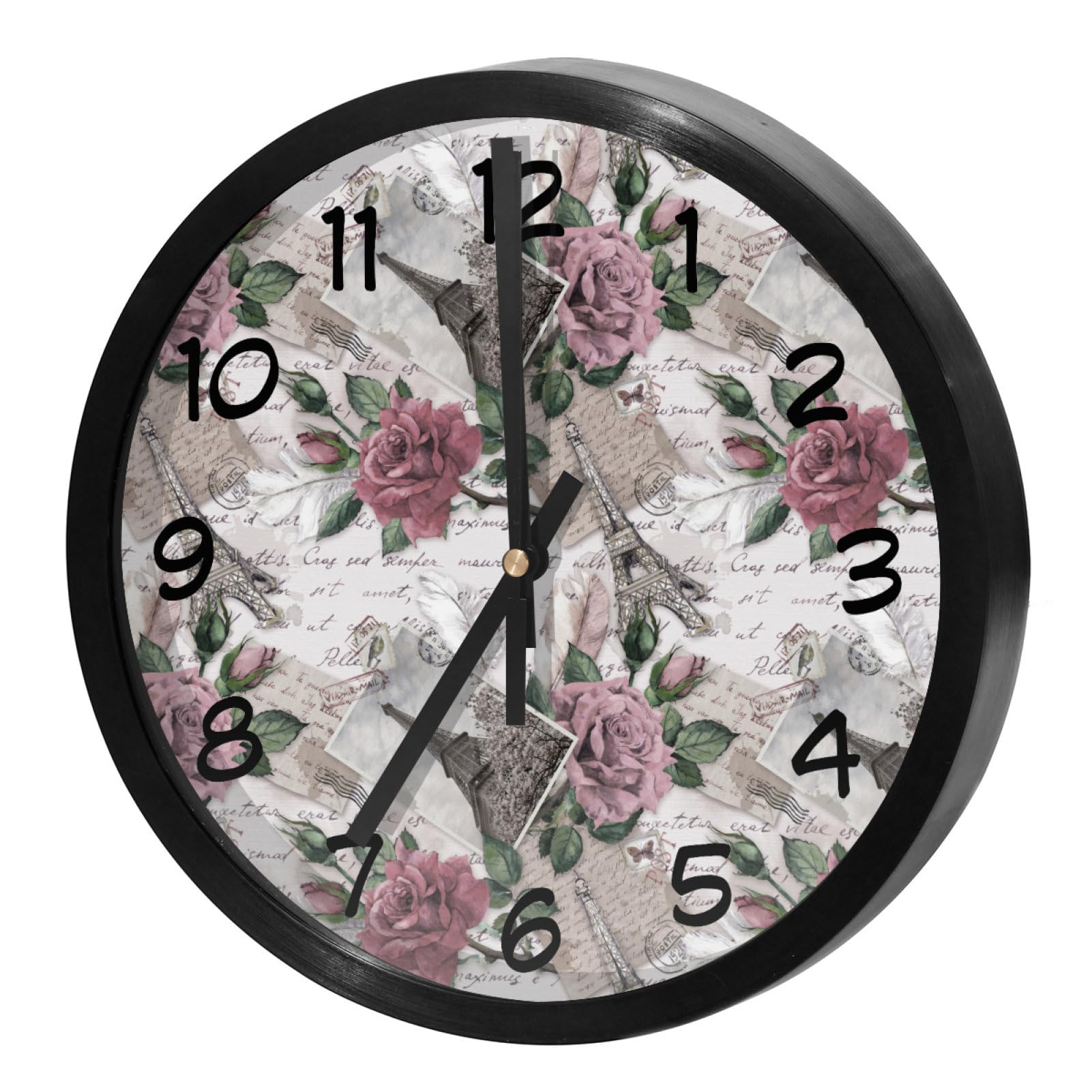 Horloge murale silencieuse Tour Eiffel avec roses pour salon et bureau