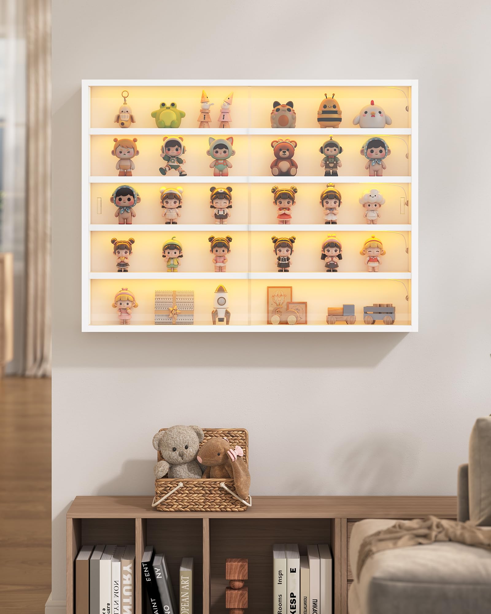 KIMENICH Sammlervitrine, 5-stöckige Glasvitrine mit LED-Beleuchtung, hängende Wandvitrine, Wandregal mit Glastüren, Hängevitrine für Figuren, Vitrinenschränke, Weiß