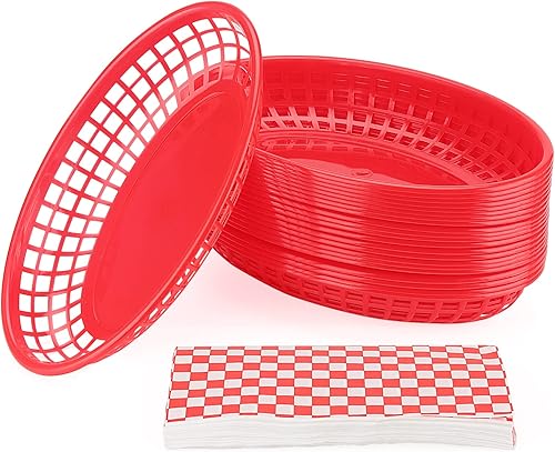 MANCHAP Paquete de 50 cestas rojas de comida rápida de 8.8 x 5.5 pulgadas, cestas de plástico para servir alimentos con 100 forros a cuadros, cestas