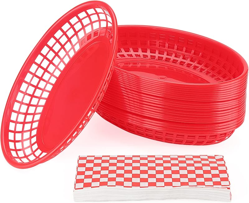 MANCHAP 50 Pack 8.8 x 5.5 Inch Red Fast Food Baskets, Plastic Food Serving Baskets with 100 Checkered Deli Liners, Oval Food Baskets for Deli Fast Food Service, Hot Dogs, Burgers