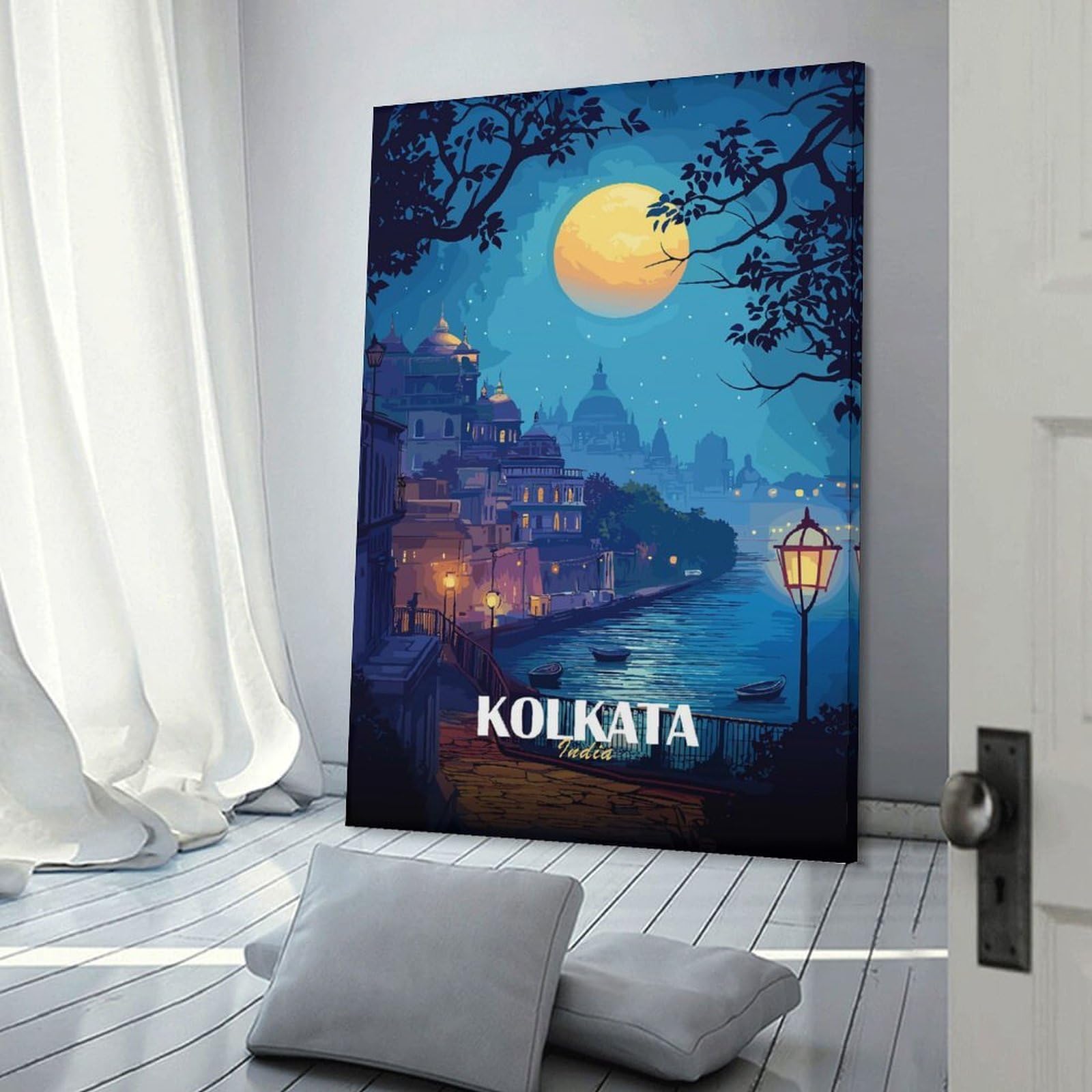Junmoney Kolkata India Nightscape Illustration Wall Picture Print 20x30inch(50x75cm), for Work Areas, Reading Rooms Or Studios, An Interior Accent for Desk Areas