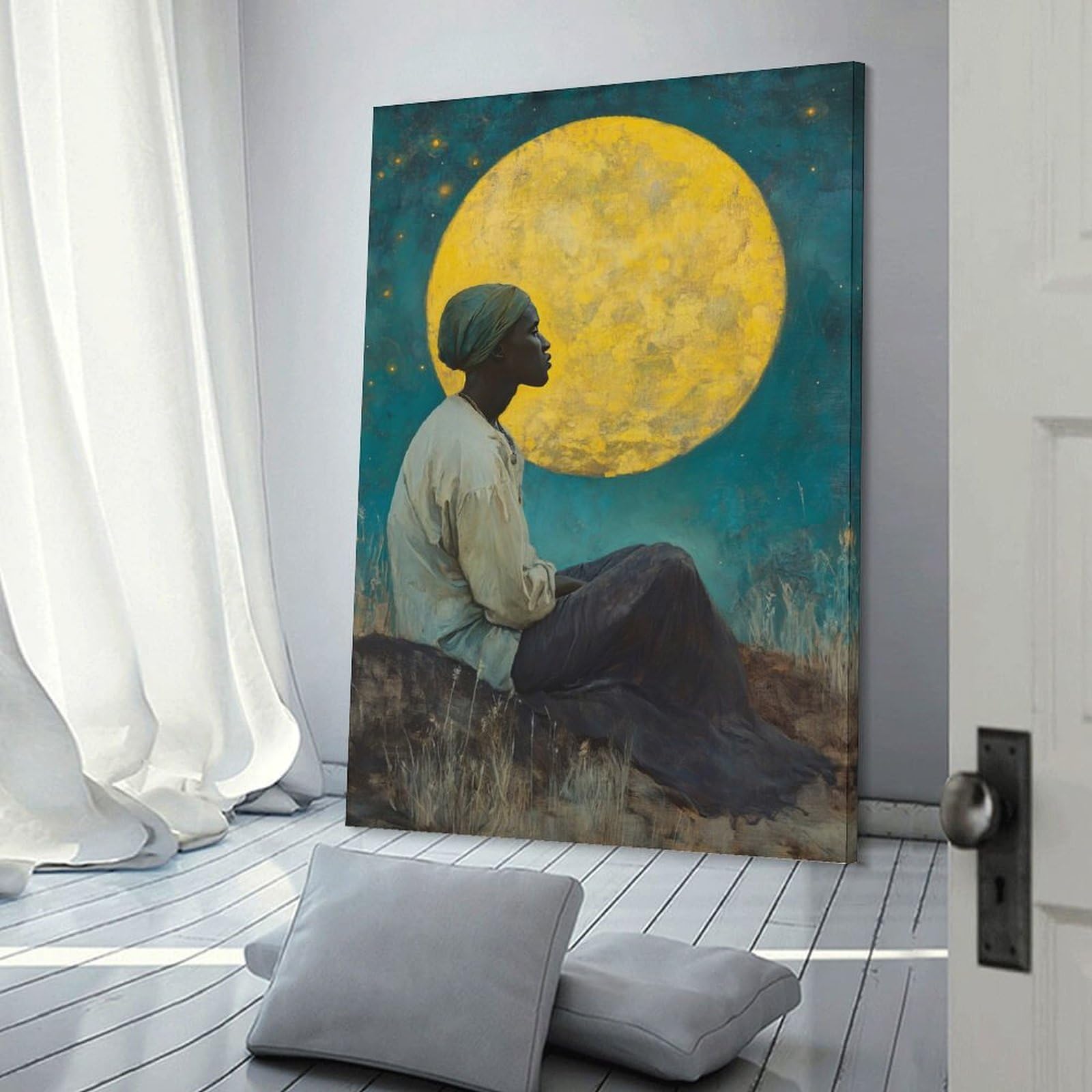 Junmoney Frame-Style-20 Decorative Wall Artwork Woman Gazing At The Moon, 20X30inch(50X75cm), For Sofa Walls, Lounge Or Home Corners, Modern Wall Decor For Cosy Interiors