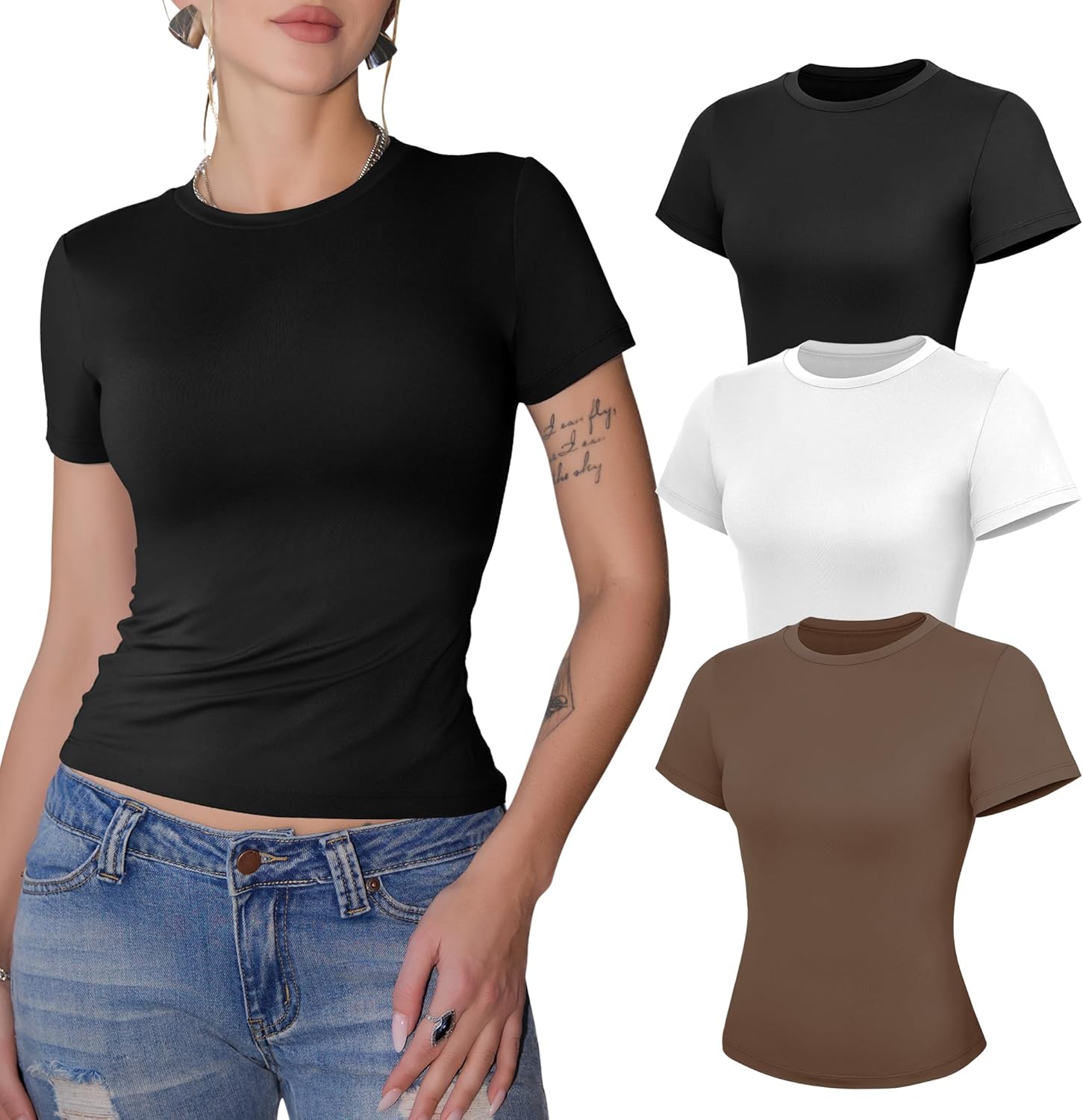 GAYHAY 3 Pack Basic Tees for Women – Crew Neck Slim Fit Tight T Shirts Cute Y2K Trendy Crop Tops Clothes for Casual Summer