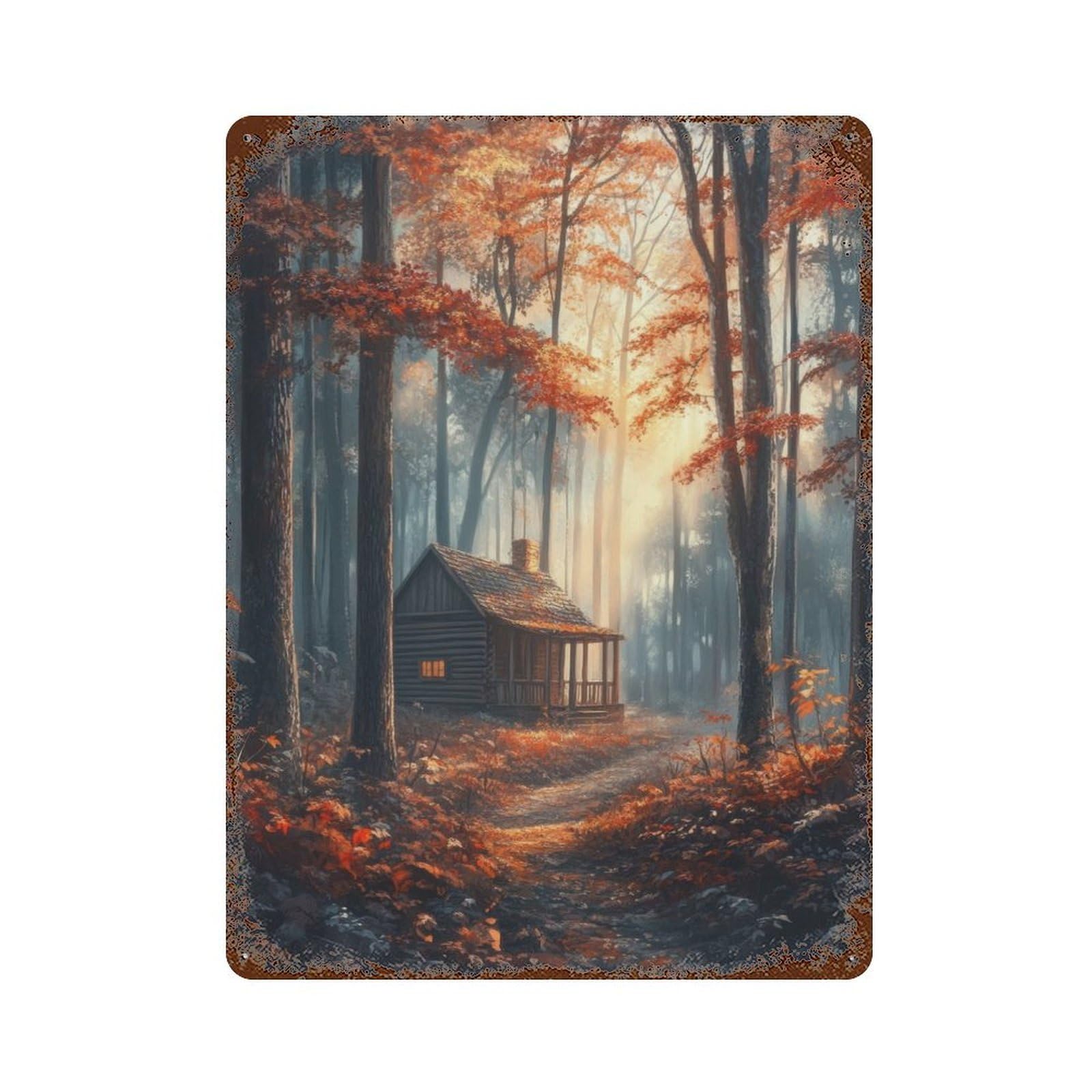 Cabin in Autumn Forest Rustic Tin Plaque 15.7"x11.8", Ideal for Shed, Workshop And Garage Wall Decor