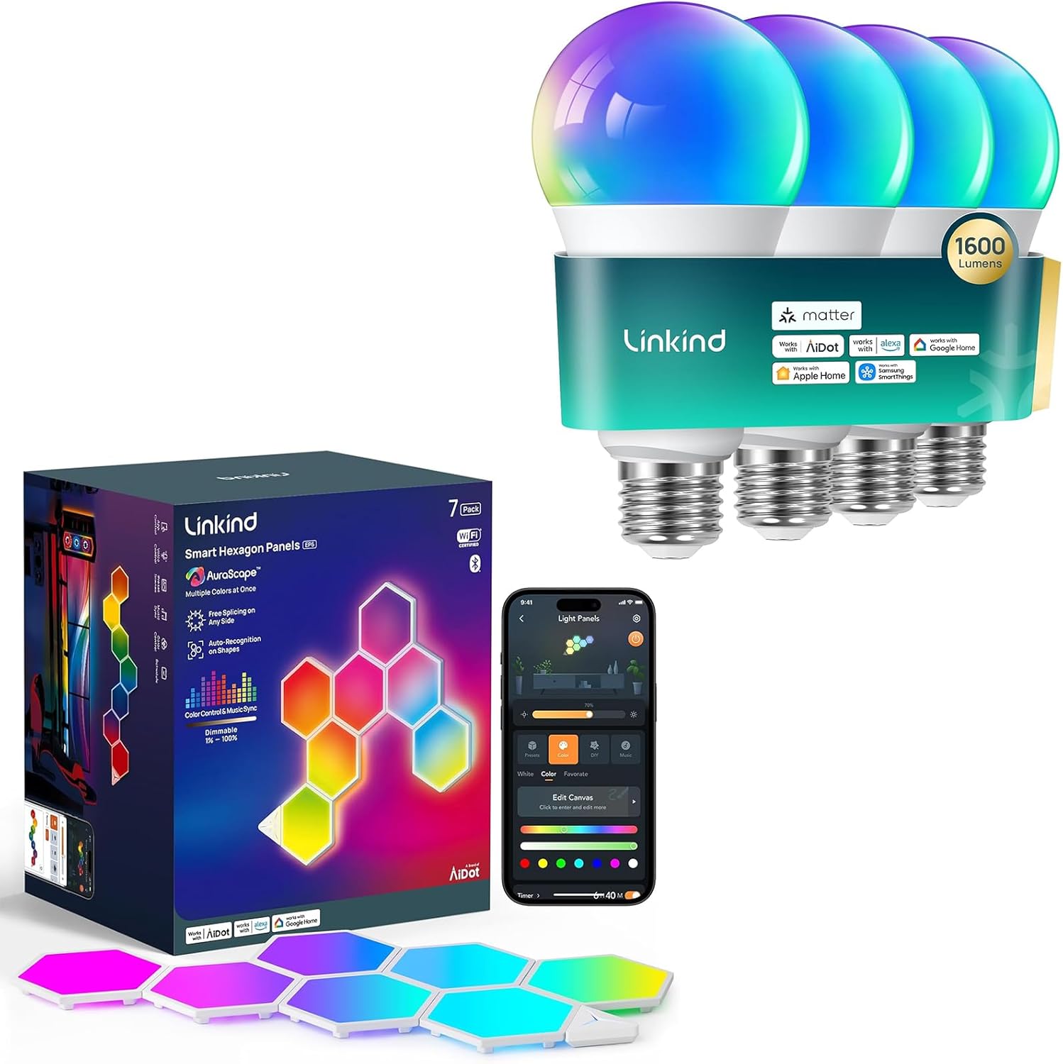 Matter Smart Light Bulb 4 Pack 1600LM 100W and Smart Hexagon Lights 7 Pack Compatible with Alexa and Google Home