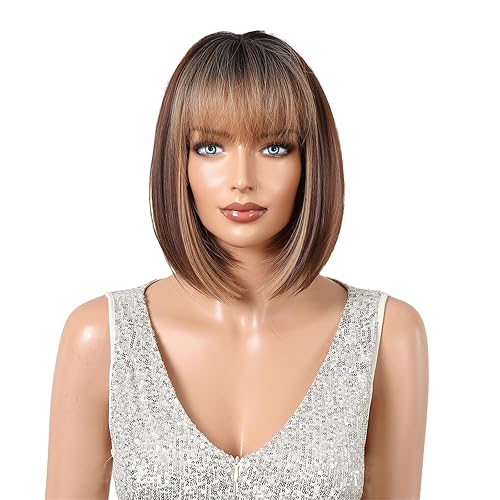 Peluca Bob de cabello humano para mujer, peluca corta y lacia rubia de 14 pulgadas con pestaña ajustable, color café té, peluca de color natural Bob