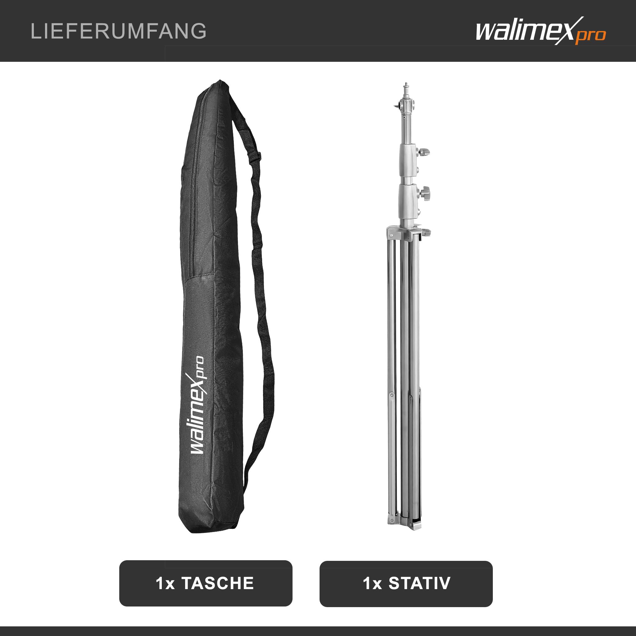Walimex pro Heavy Duty - Treppiede per lampada in acciaio inox, portata fino a 15 kg, regolabile in altezza fino a 270 cm, ammortizzato con custodia e adattatore per spigot con filettatura da 1/4 e 3