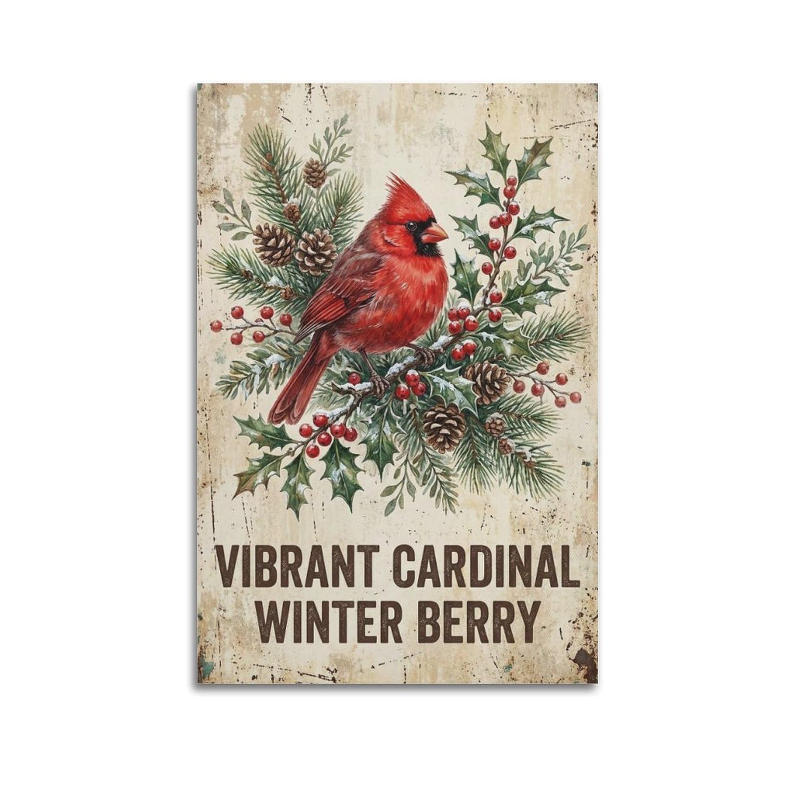 OKAHYS Cardinal Bird Rustic Illustration Poster Winter Berry Modern Decorative Canvas Prints - Ideal Wall Art for Family, Man Cave, Game Room, Boys & Girls Bedroom 12x18inch