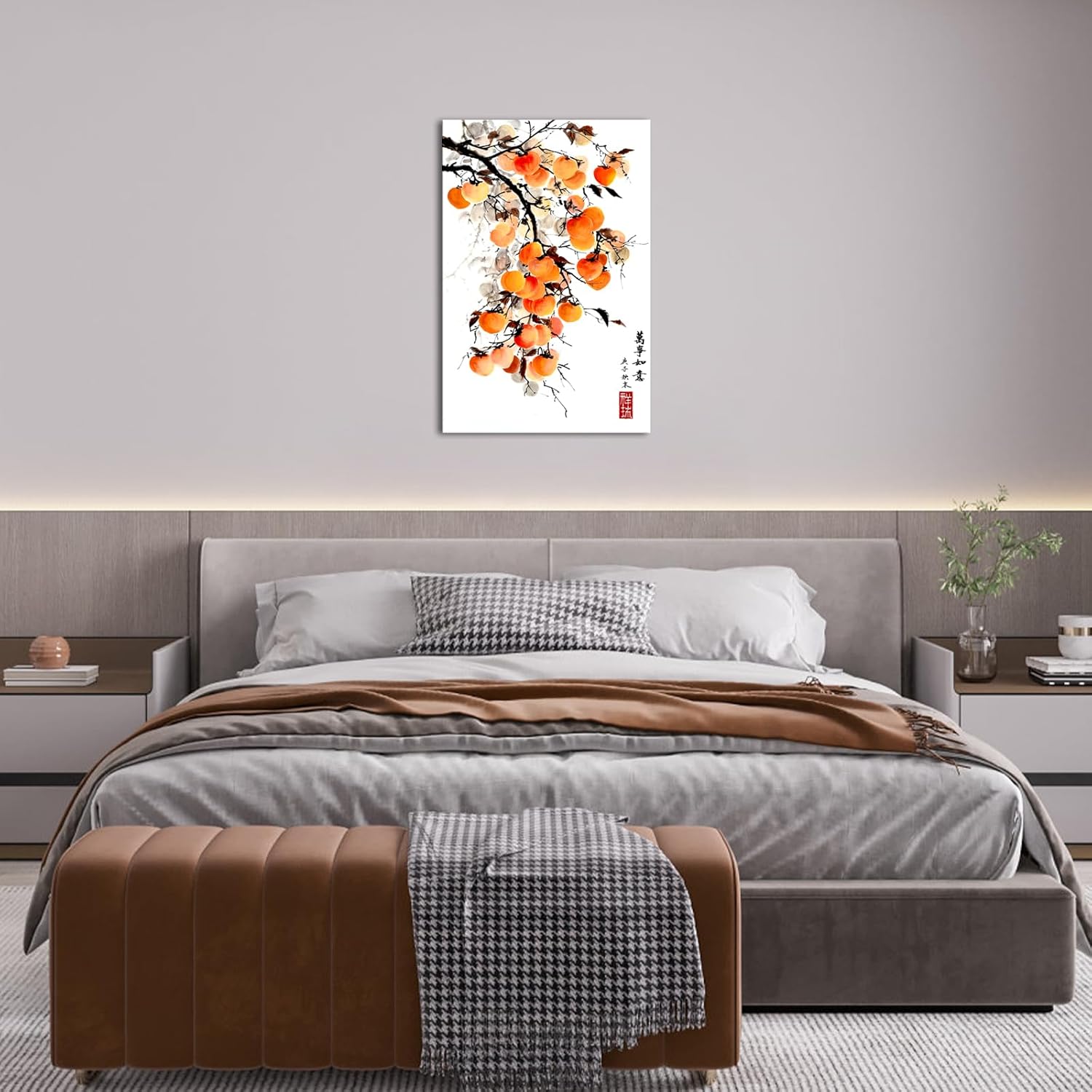 Canvbay Asian Wall Art Traditional Chinese Ink Style with 'May everything go as you wish' Quote Canvas Prints Persimmon on Branch Painting Pictures Oriental Poster Framed for Home Decor 24x36inch
