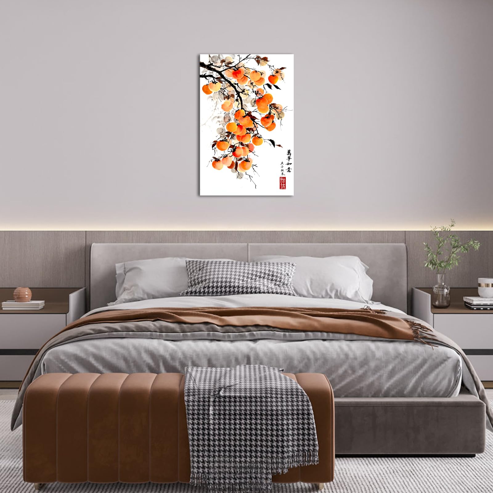Canvbay Stampa Su Tela Quadro Asiatico Cachi Su Ramo 40x60cm Con Frase Inglese