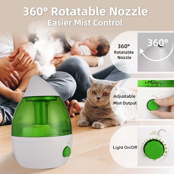 Cool Mist Humidifier for Bedroom & Small Rooms, Quiet 360 Rotation Nozzle, Adjustable, Night Light & Auto Shut-Off, Ideal for Office, Nursery & Plants