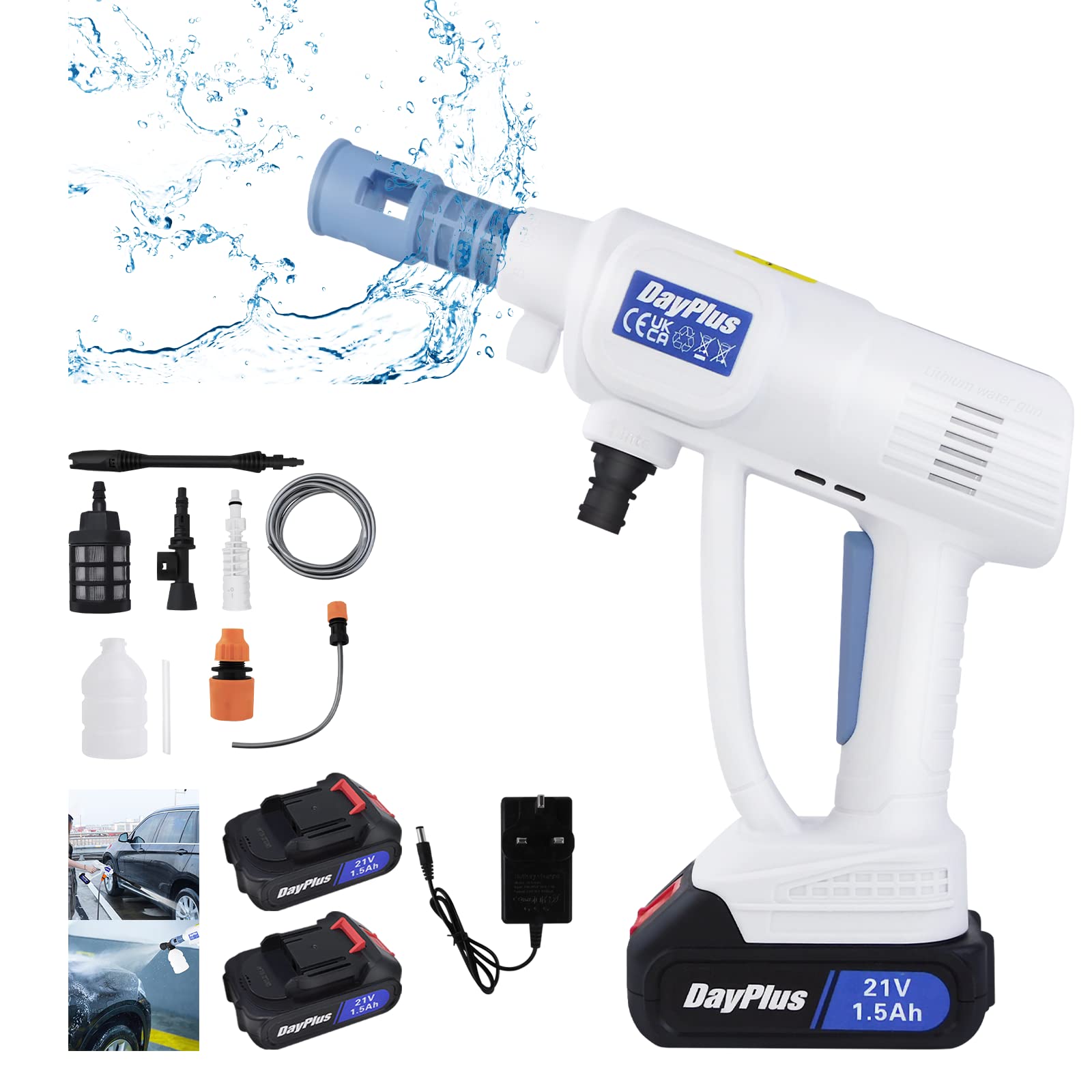 Cordless Jet Pressure Washer, Portable High Pressure Electric Car Washer, 21v Car Cleaner with 2*1300mAh Battery and Charger, 1*Duckbill Nozzle, for Garden Home, 5m and 25cm Hose, Wash Machine, White