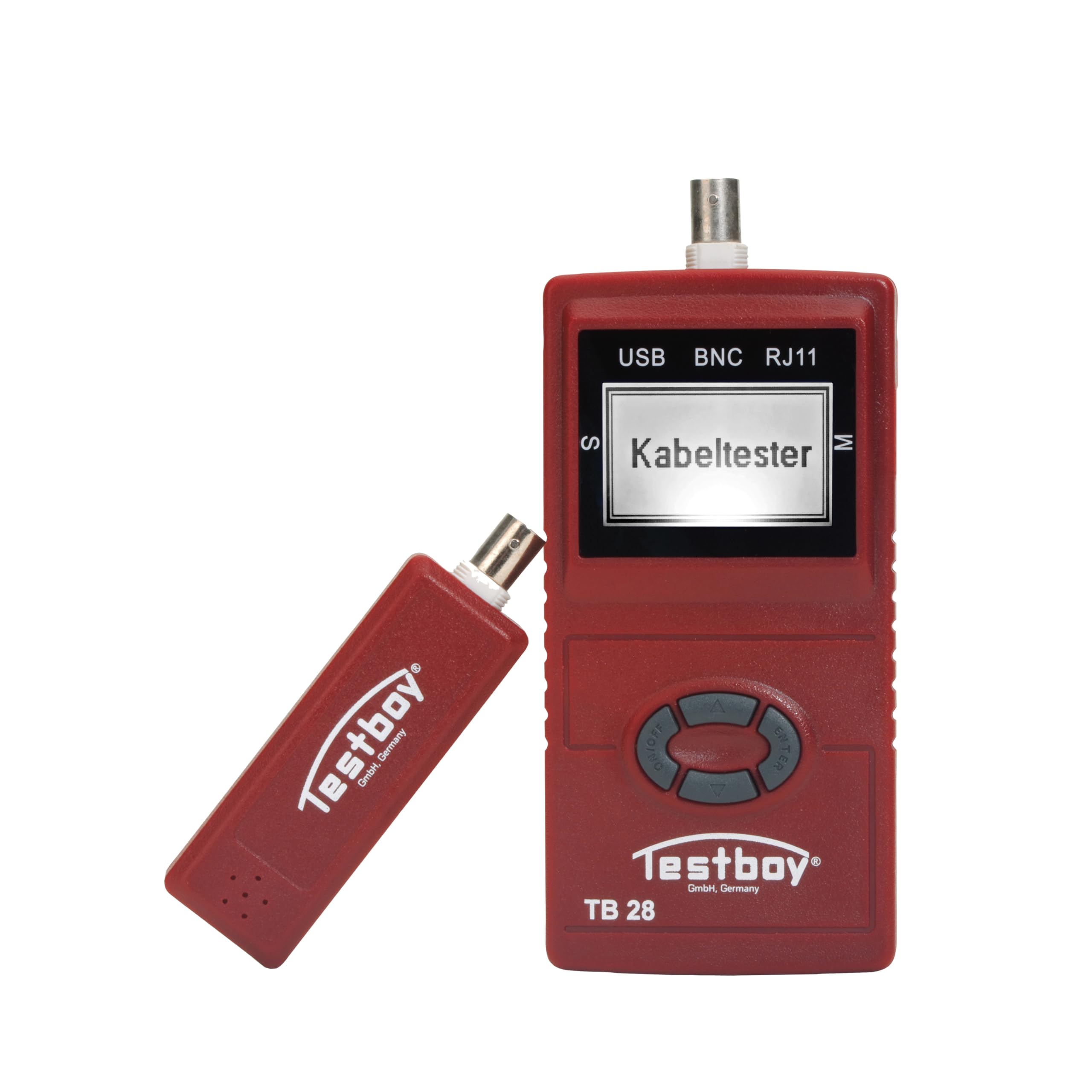 Tester di cablaggio di rete Testboy 28 (con display LC chiaro, può controllare i formati dei cavi per interruzioni, scambi o cortocircuiti, con misurazione della lunghezza del cavo), rosso