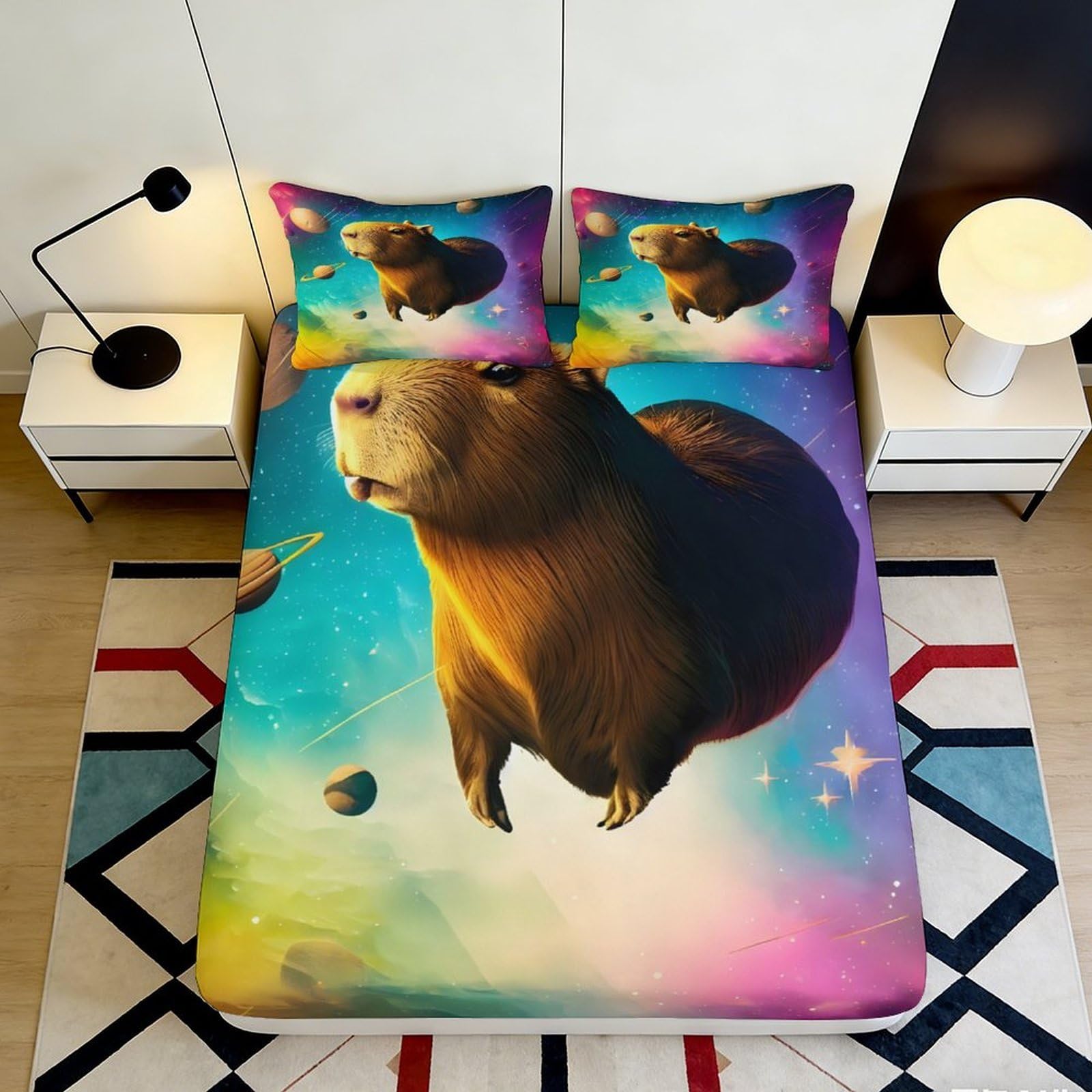 3D Printed Capybara Galaxy Fitted Sheet Microfiber Vibrant Space Mattress Cover Anti-Slip Easy Care for Bedroom Dorm Decor 90x200x25cm