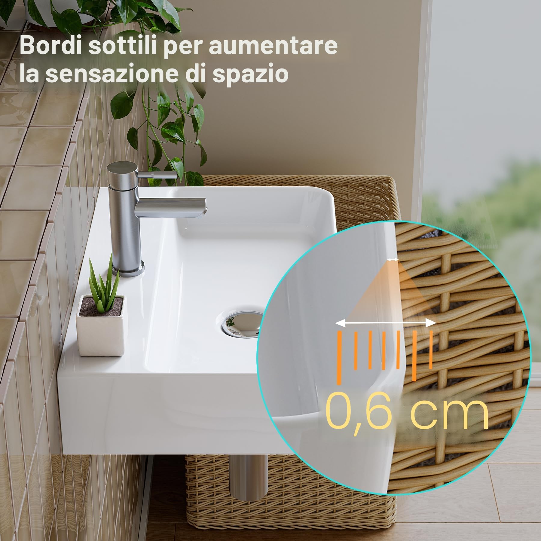 HOROW Lavabo a parete sospeso in ceramica bianco, rettangolare, 46 x 30 cm, lavandino con foro per rubinetto senza troppopieno, piccolo lavandino per ospiti | Lavabo sospeso, rettangolare, con foro per rubinetto senza troppopieno, 46 x 30 cm