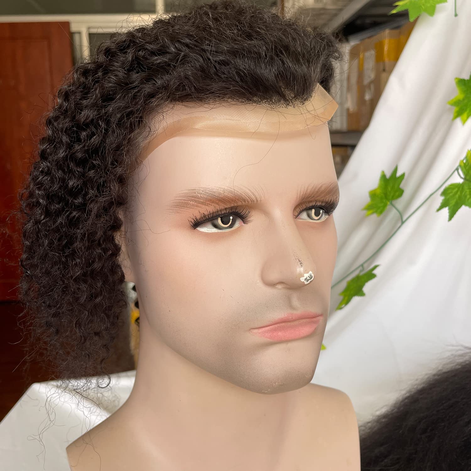 12" Long Kinky Curly Human Hair Replacement for Men Stock Toupee Mono Lace and PU Around with Swiss Lace Front 10"x8" Base Size Natural Black Bolor