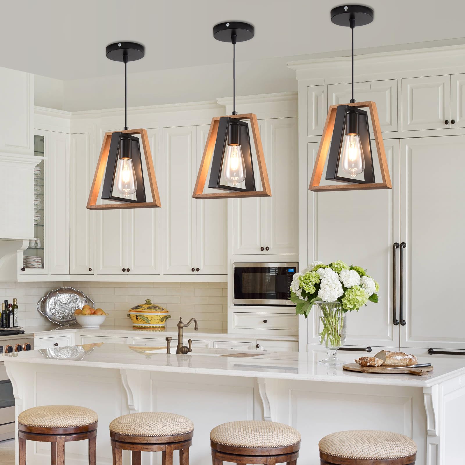 Mikeru Farmhouse Hanging Pendant Lights, 3 Pack Rustic Style Recessed Kitchen Island Pendant Lights